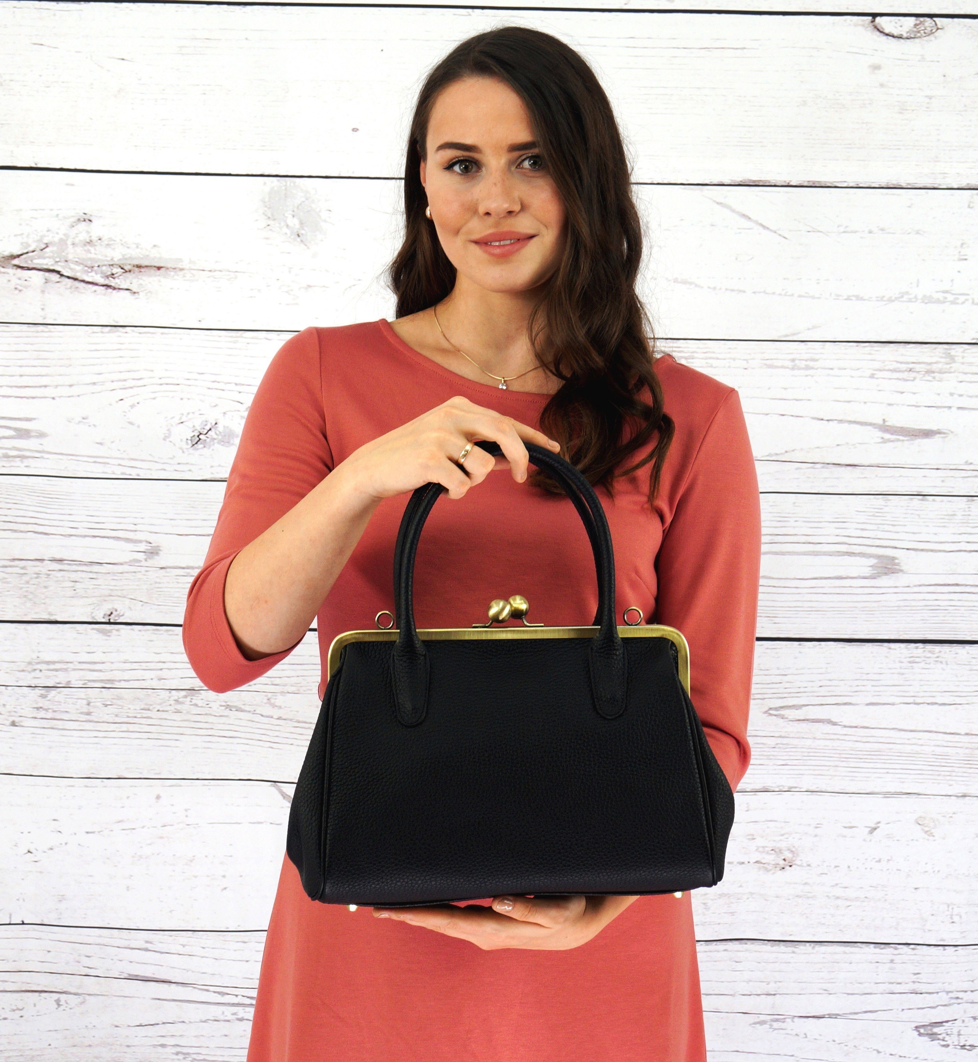 Taschenkinder Handtasche Handtasche "Marie", Damentasche, Schultertasche, Vintage Stil, Retro, Echt Leder, Vintage Stil, Retro Bügeltasche, Clipverschluss