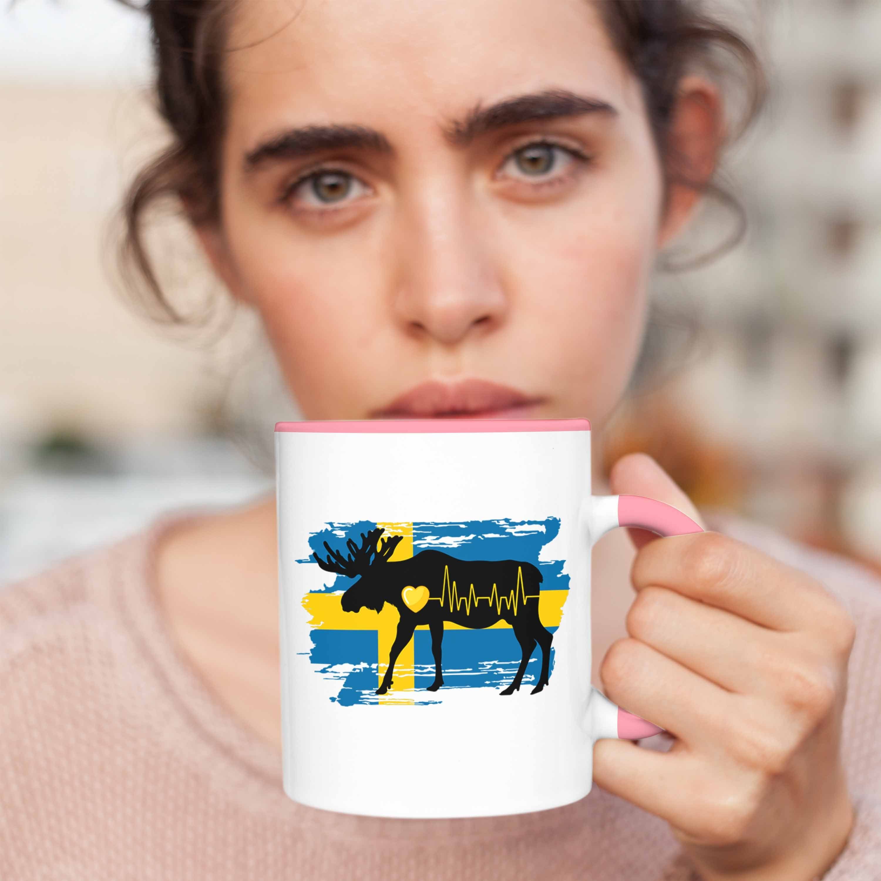 Tasse Tasse - Herzschlag für Elch Schweden Rosa Geschenk Trendation Schweden-Fans Trendation