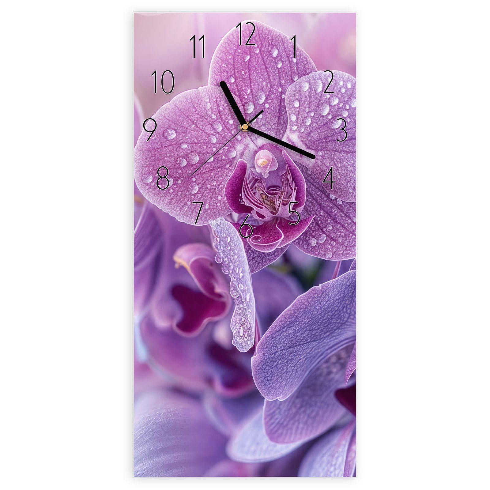 Wanduhr Glasuhr Wandkunst Größe 30 x 60 cm mit Motiv Orchideenblüten