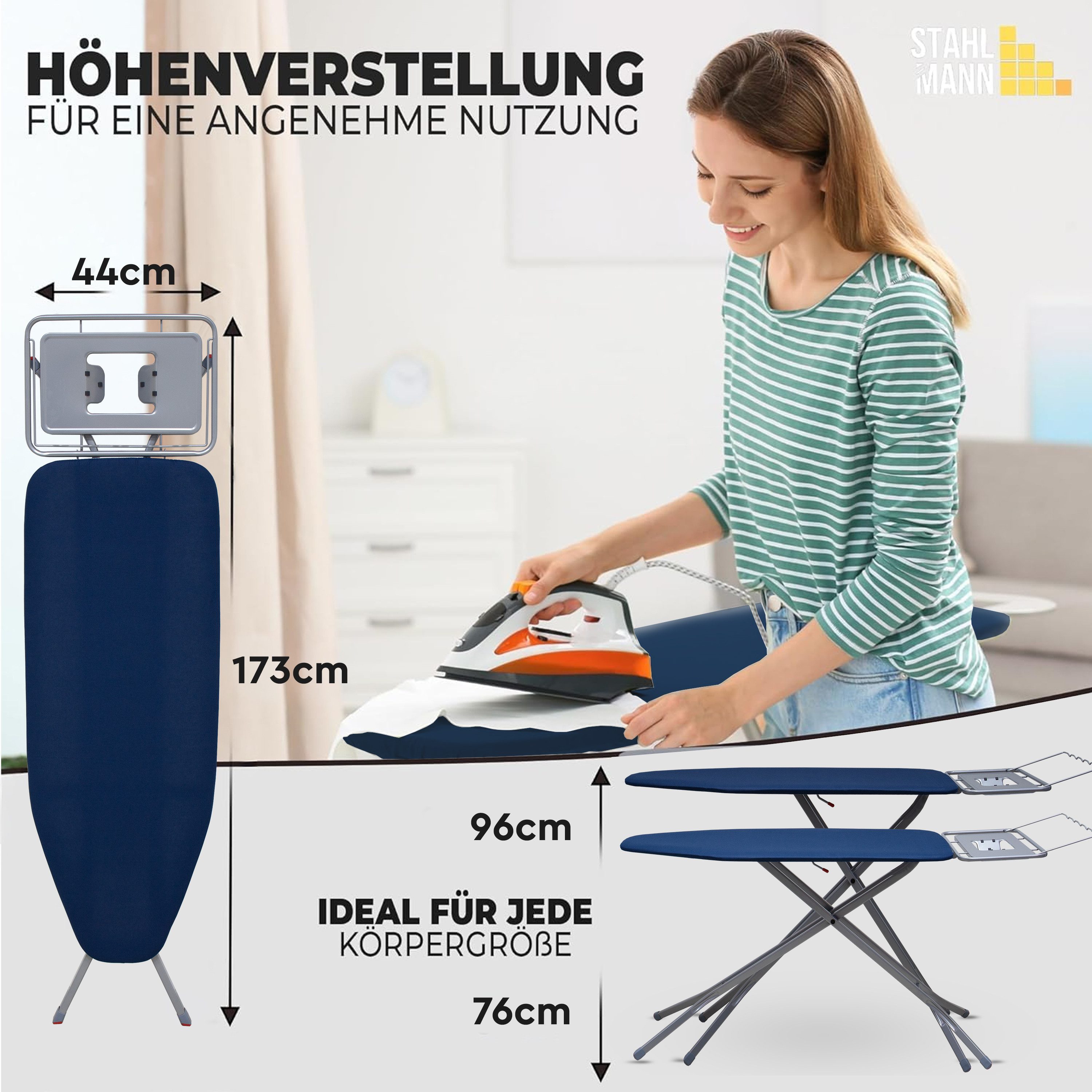 STAHLMANN COMMERCE GmbH Bügelbrett großes Bügelbrett [120x44 Bügelfläche] mit Kleidungsplatte, Bügelfläche 44x120 cm, robuster Bügeltisch – extra stabiles Bügelbrett