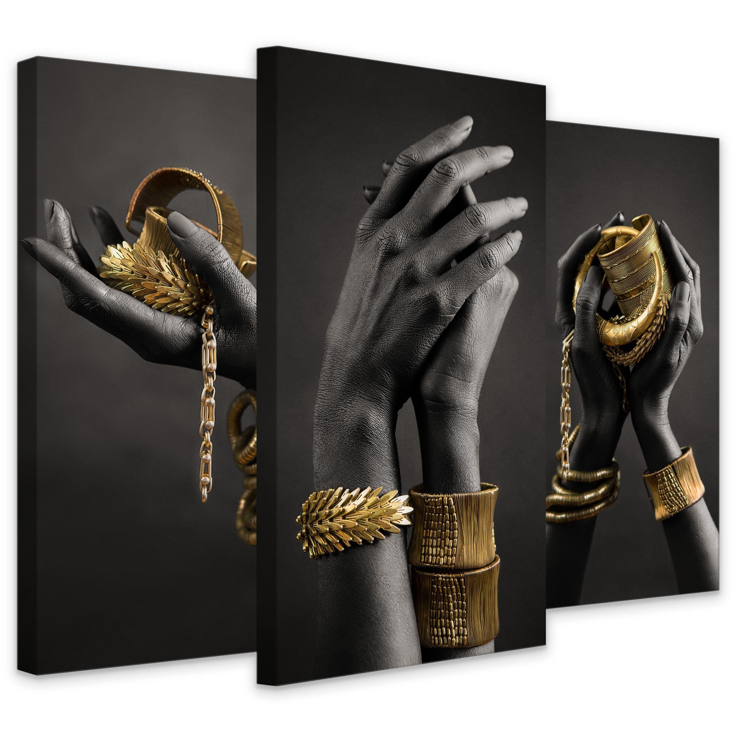 Muralo Mehrteilige Bilder Wandbilder 3er-Set Leinwand Hände Gold – Leinwandbild mehrteilig, Abstrakt (Set, 3 St), 3x 60x120 cm – Hände in Grau und Gold, aufhängefertig, Holzrahmen