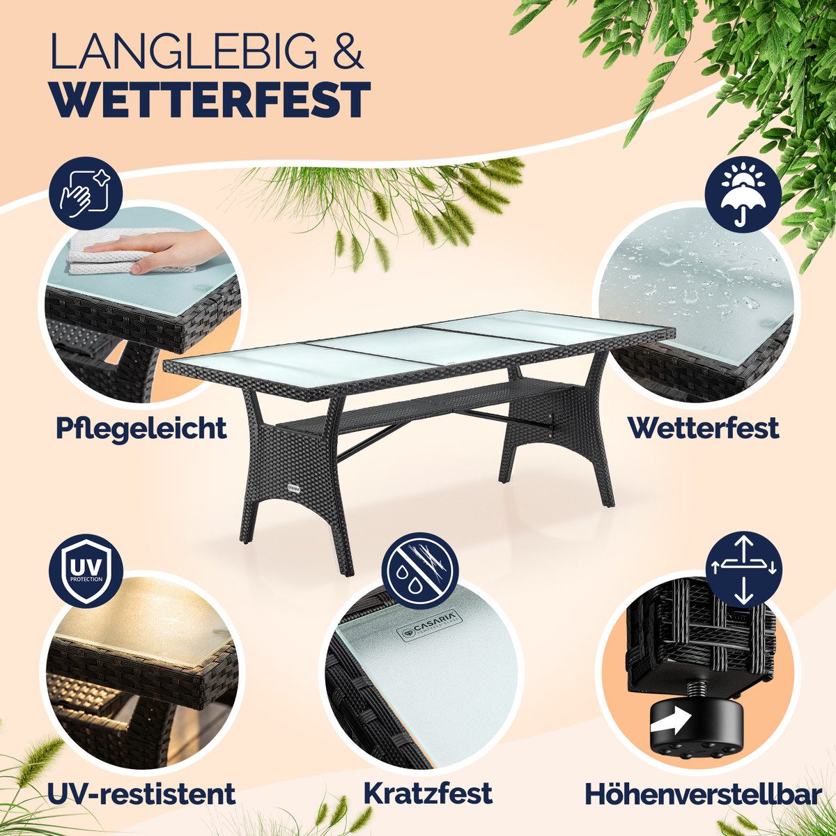 Casaria Gartentisch (1-St), Polyrattan 190x90x74cm mit Ablage Sicherheits Glasplatte