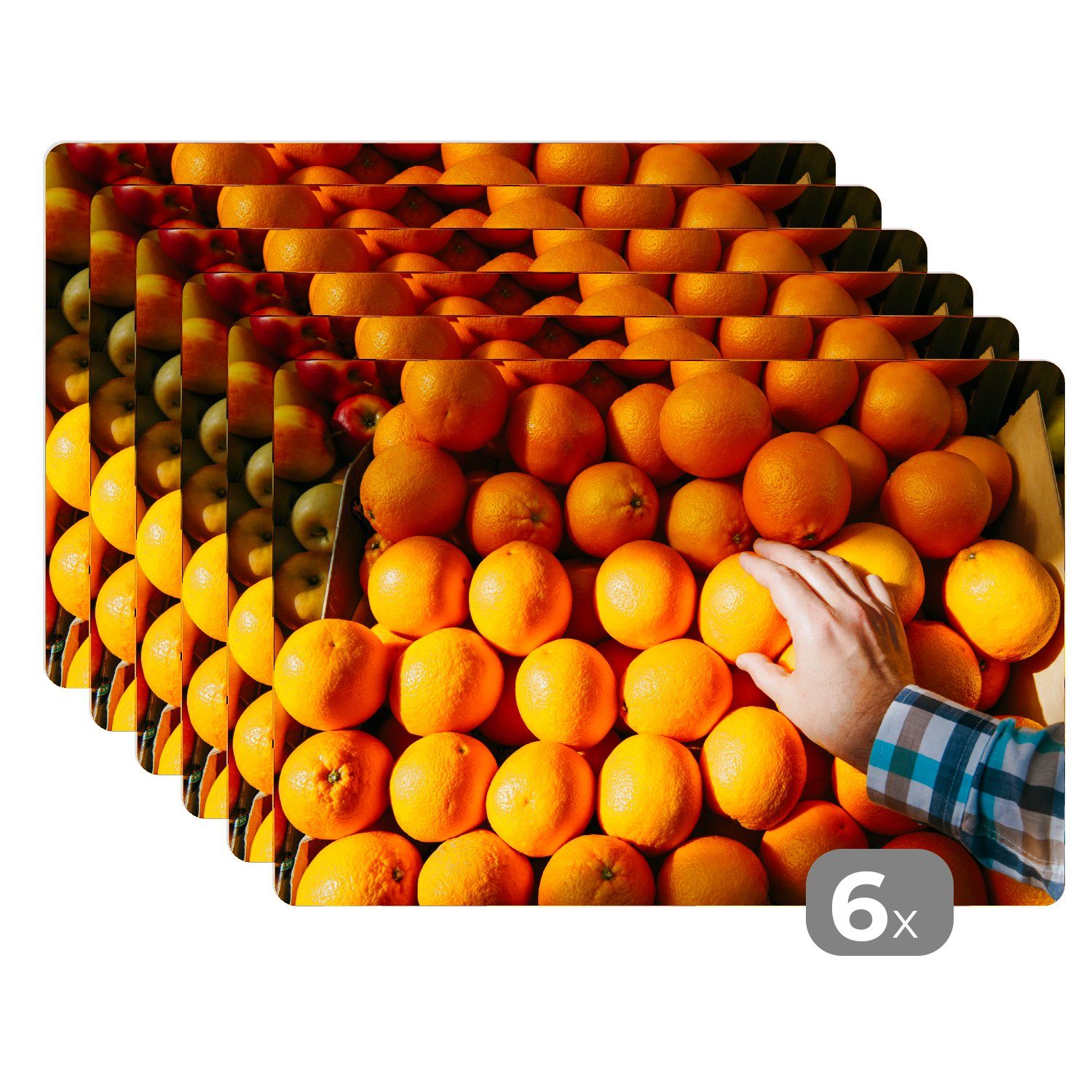 Platzset, Orange - Hand - Obst - Markt, MuchoWow, (6-St), Platzset, Platzdecken, Platzmatte, Tischmatten, Schmutzabweisend