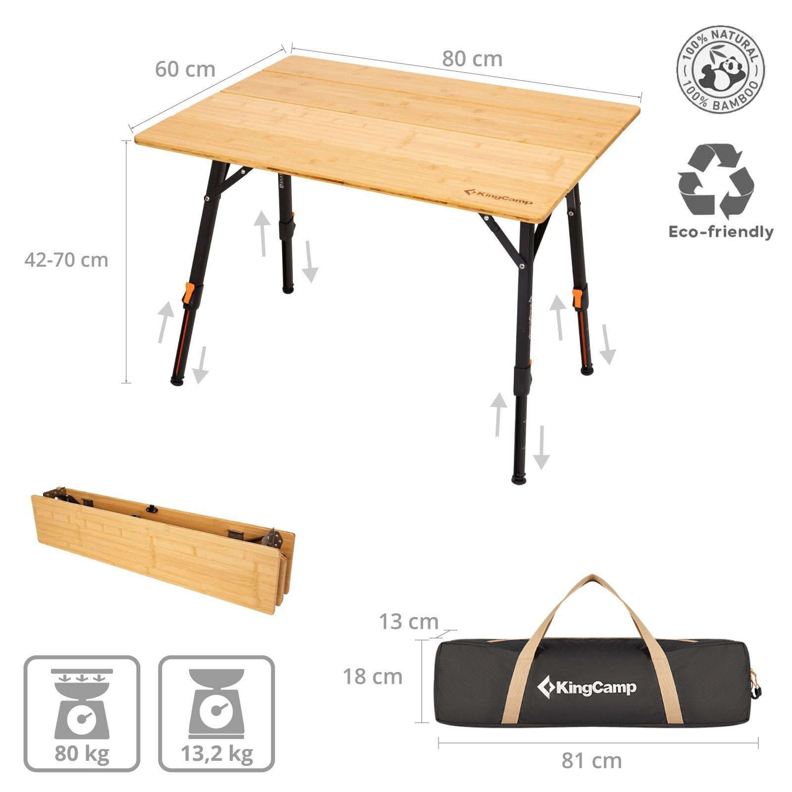 KingCamp Campingtisch Bambus Campingtisch Woboo M Camping - Falttisch Kl