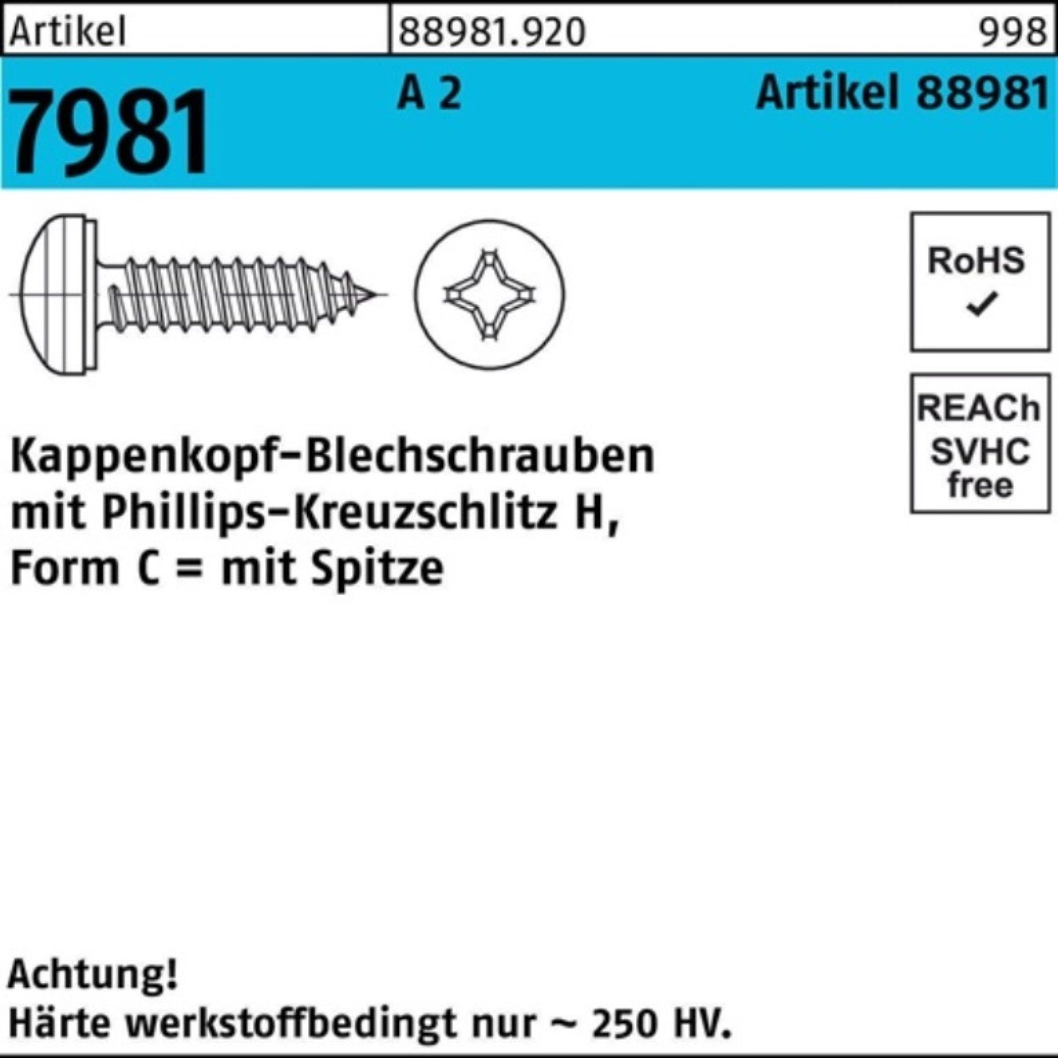 Reyher Blechschraube 500er Pack Kappenkopfblechschraube R 88981 PH 3,9x 22-H A 2 500 Stück