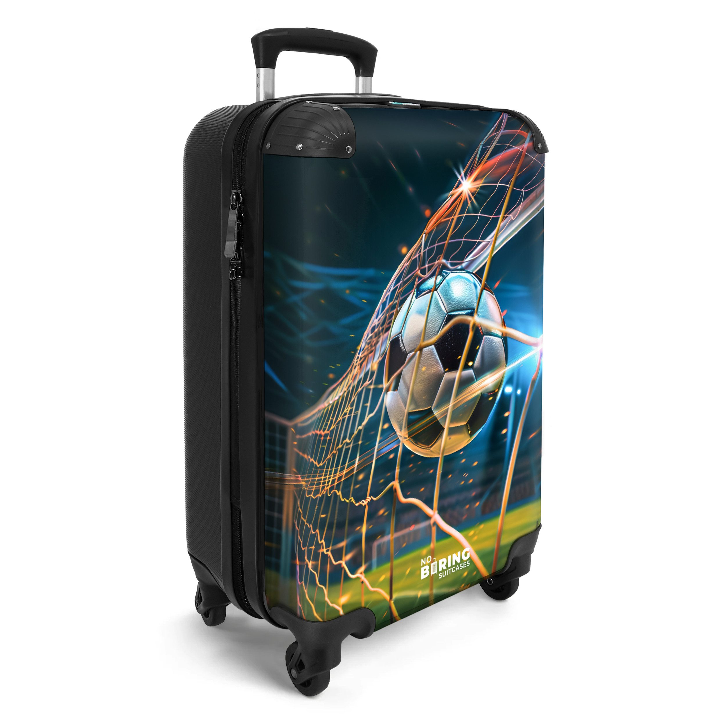 NoBoringSuitcases.com© Kinderkoffer Schwarzer und weißer Fußball trifft das Netz in einem Stadion 55x35x20, 4 Rollen, Kinder Koffer Klein, Trolley Handgepäck, Reisekoffer