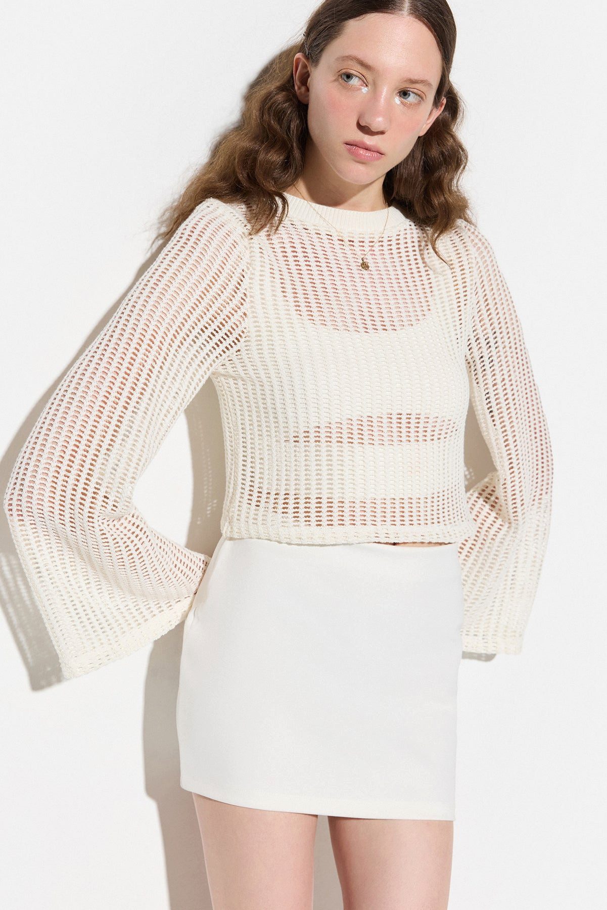 Sweater Fledermausärmel-Mesh-Crop-Pullover