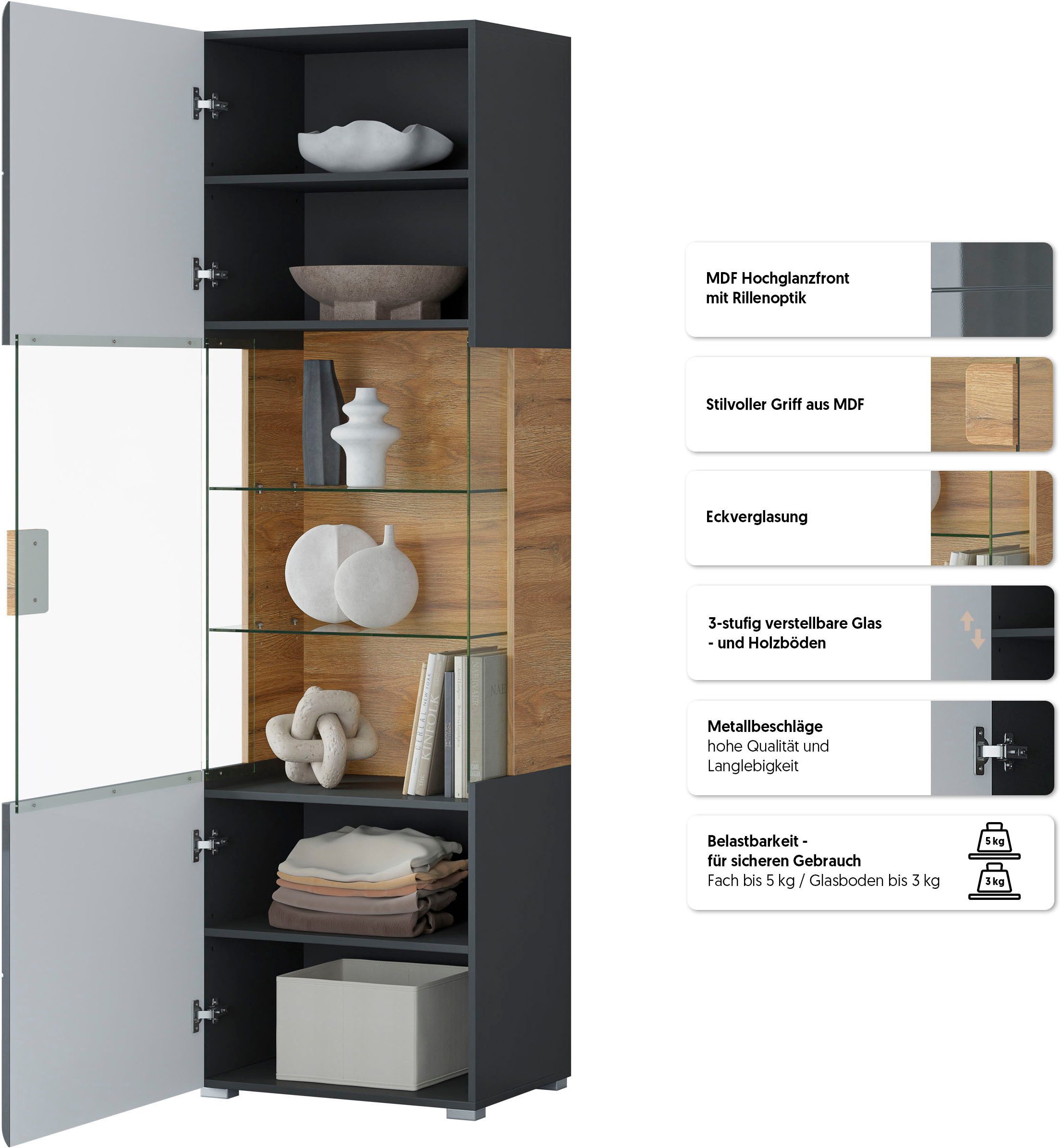 OTTO home Vitrine Toledo,Höhe 204 cm trendige Glasvitrine mit dekorative Fräsungen Standvitrine ohne Beleuchtung, viel Stauraum, hochglanz Front MDF