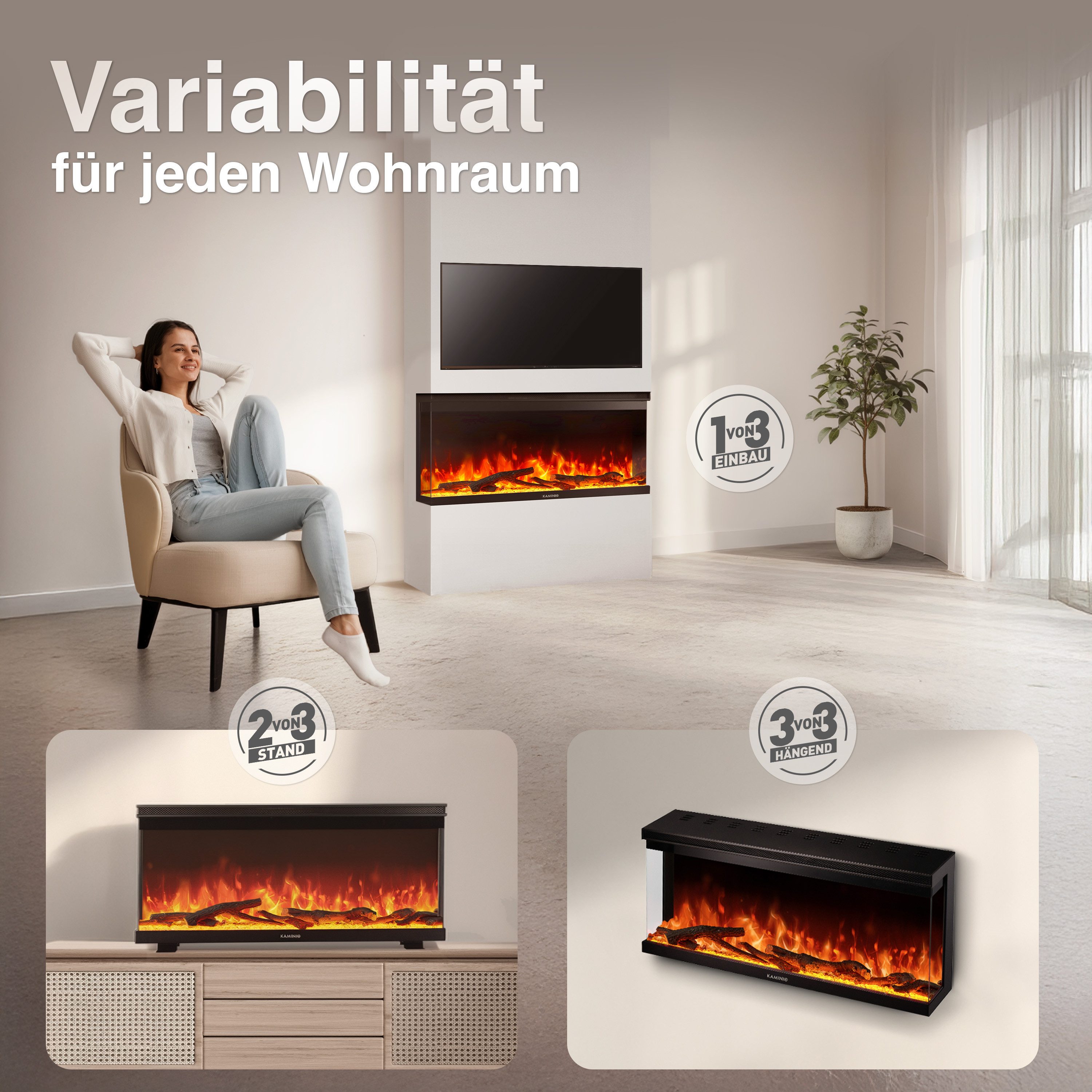 KAMINIO Elektrokamin LEA, 3in1 Kamin: Elektrischer Stand-, Wand- und Einbaukamin, Panoramaview