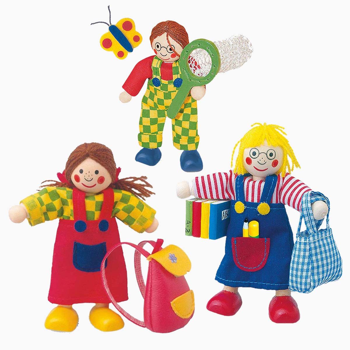 Bino & Mertens Biegepuppe Biegepuppen Set Schulkinder (Spar-Set, 3-tlg., packung), Bewegliche Arme und Beine für flexibles Spielen