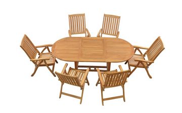 Kai Wiechmann Garten-Essgruppe Exklusive Teak Sitzgruppe aus 6 Hochlehnern und 1 ovalen Ausziehtisch, (7-tlg., 6 Hochlehner, 1 Ausziehtisch), edles Set aus Teak-Gartenmöbeln mit Auszugstisch