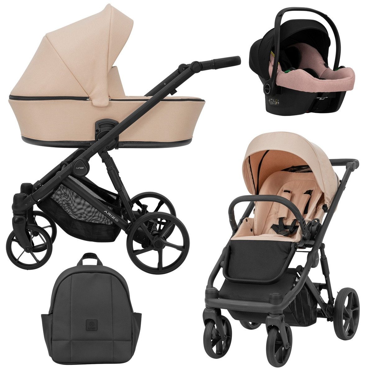 KUNERT Kombi-Kinderwagen ARIZO 3 in1 mit schwarzem Gestell – Leichter Kinderwagen, Leichter Aluminiumrahmen, verstellbarer Griff, UV50-Sonnenschutz