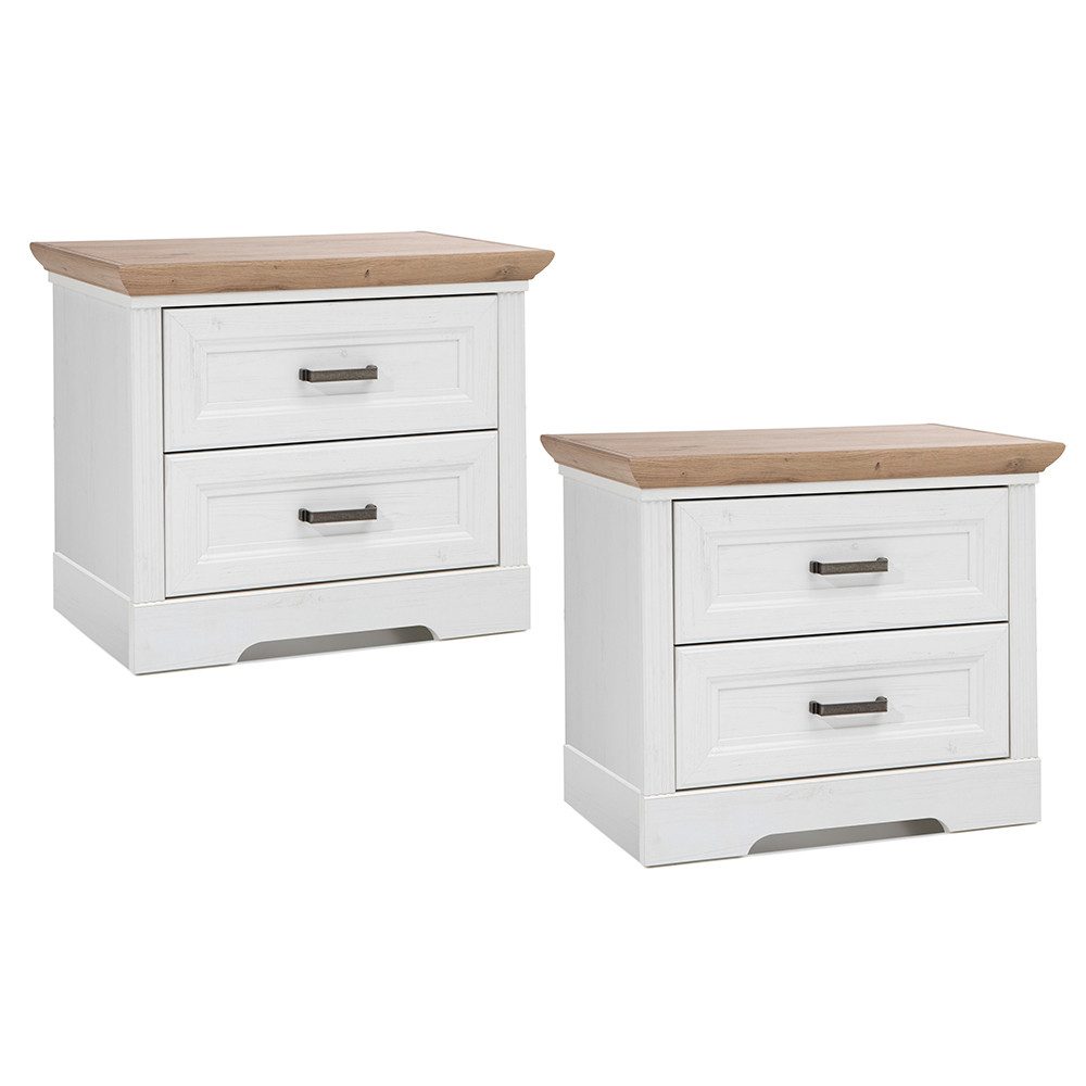 Lomadox Nachttisch JÜLICH-77, 2er Set, Nachttische mit 2 Schubladen, Pinie weiß mit Eiche
