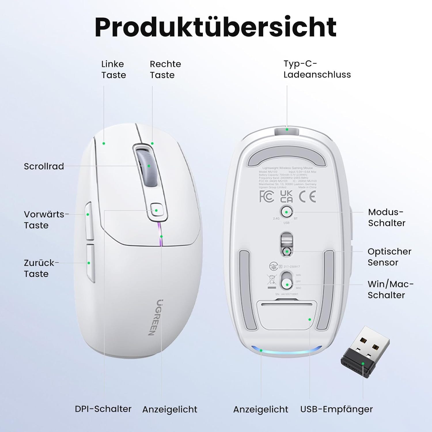 UGREEN MU103 Lightweight Wireless Gaming-Maus (kabelgebunden, Bluetooth, 2400 dpi, 2,4 GHz / Bluetooth 5.0 / 5000 dpi)