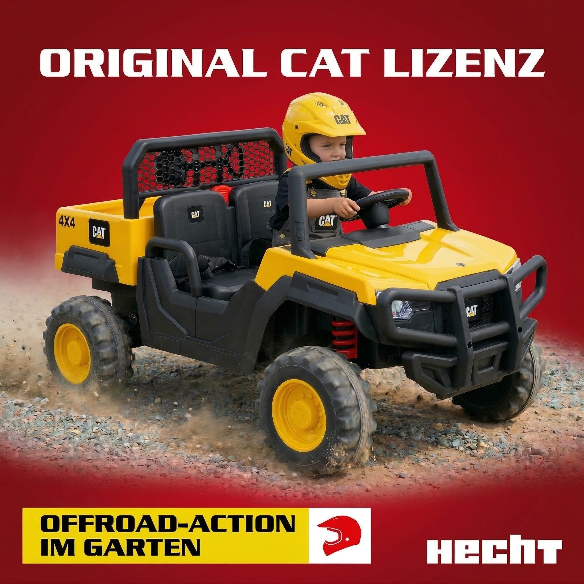Hecht Elektro-Kinderauto CAT UTV lizensiertes Akku Kinder E-Auto, bis 7 km/h, 12V/10 Ah, Belastbarkeit 30 kg, bis 30kg, Radio, Fernbedienung, 2x45W, USB, AUX; SD, Schaufel