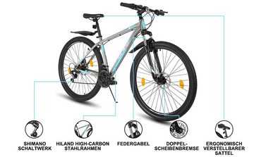 HILAND Mountainbike 27.5/29 Zoll MTB 21 Gang Jugendliche Fahrrad Herren Damen Jungen, 21 Gang Shimano Tourney Schaltwerk, Kettenschaltung, (Set, mit Schutzblechen und Dreiecktasche), für Damen und Herren 160 - 200 cm MTB Hardtail Fahrrad