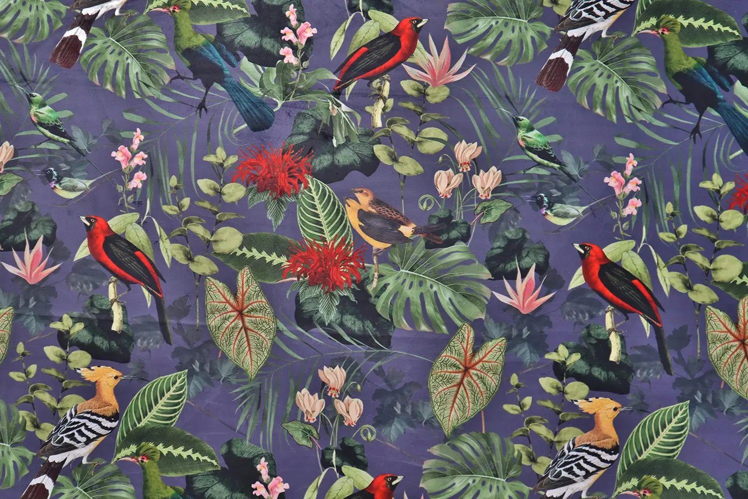 Stofferia Stoff Polsterstoff Samt Velour Digitaldruck Birds Blau, Meterware