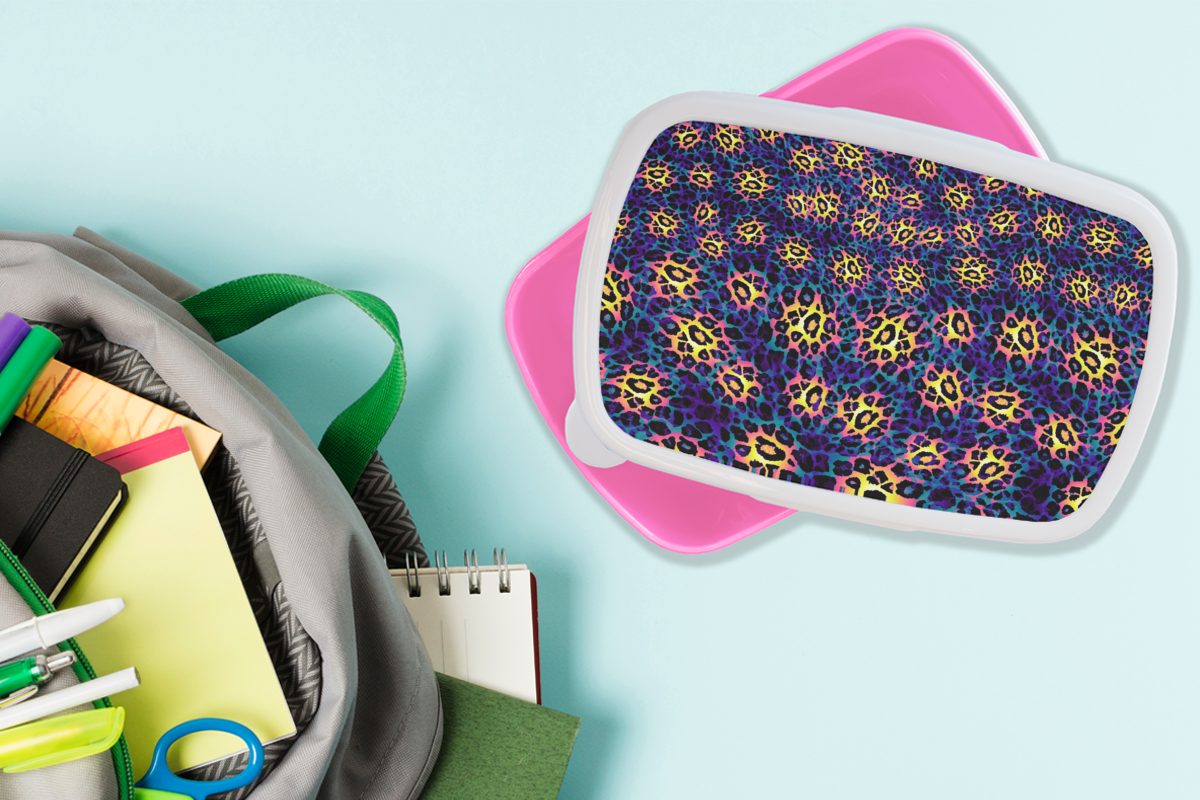 Mädchen, (2-tlg), Design Blau, rosa Lunchbox Kinder, Erwachsene, - Kunststoff, Brotdose - Kunststoff MuchoWow Snackbox, Gelb - für Leopardenmuster Brotbox