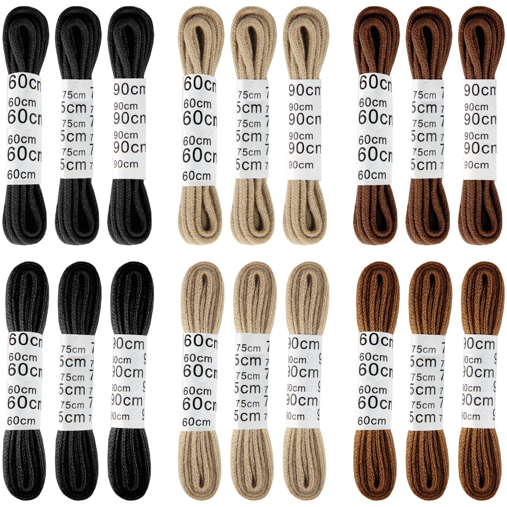 Bestgoodies Schnürsenkel Standart, Allrounder-Senkel für jede Situation o. Anlass, 3er-Set 60cm/75cm/90cm