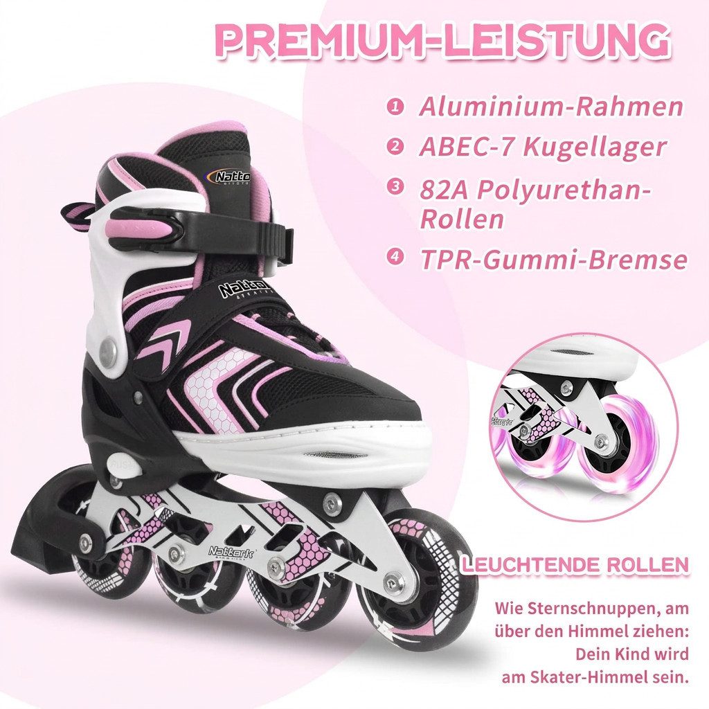 Nattork Inlineskates für Kinder, verstellbar in 4 Größen, ideal für Anfänger, Leuchtende Inline Skates für Mädchen, 37-41 EU / 235-260 mm