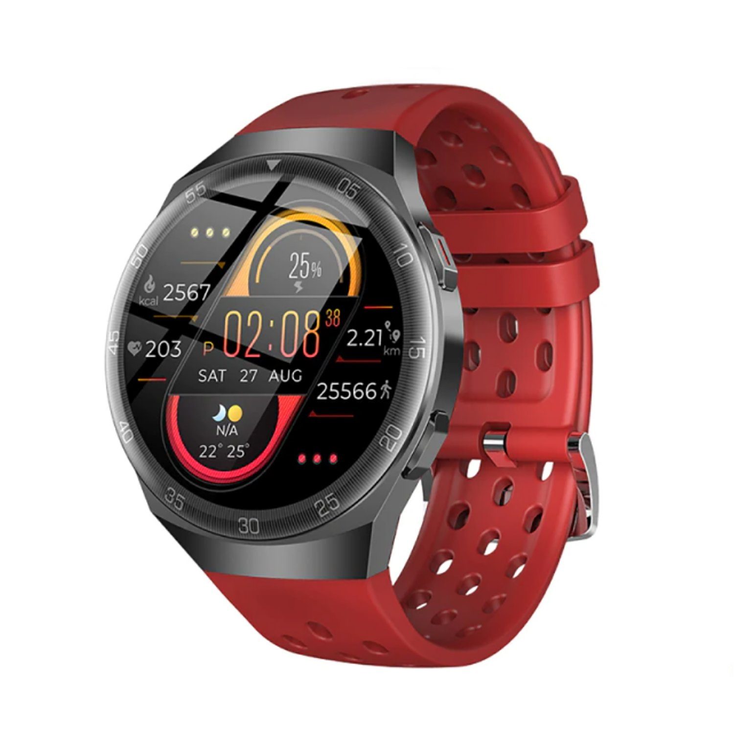 TPFNet SW14 mit Silikon Armband und Schrittzähler Smartwatch (Android), mit Blutdrucksmesser, Musiksteuerung, Anti-Lost, Kalorien, Blutsauerstoff, Social Media wie Whatsapp etc., Rot