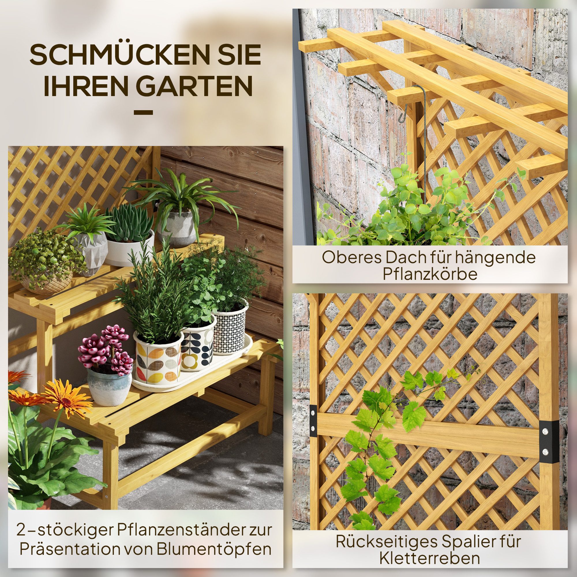 Outsunny Pflanzentreppe Blumentreppe mit Rankhilfe, Holz Blumenständer, mehrstöckig (Blumenregal, 1 St., Pflanzenregal), für Garten, Balkon, Gelb – Bild 4 von 5