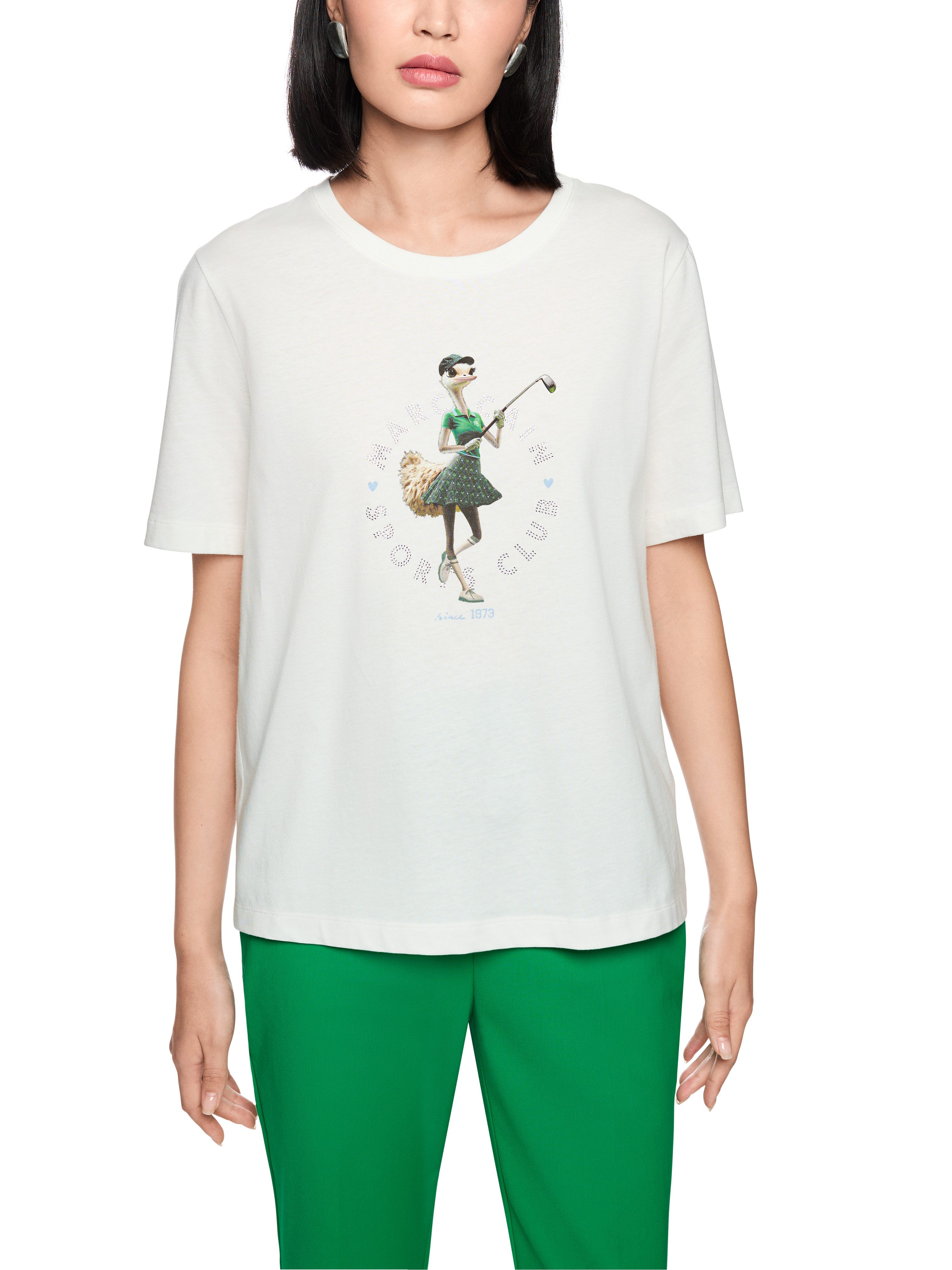 Marc Cain T-Shirt Golfing Premium Damenmode mit Vogelstrauß, Verzierung mit Strasssteinchen