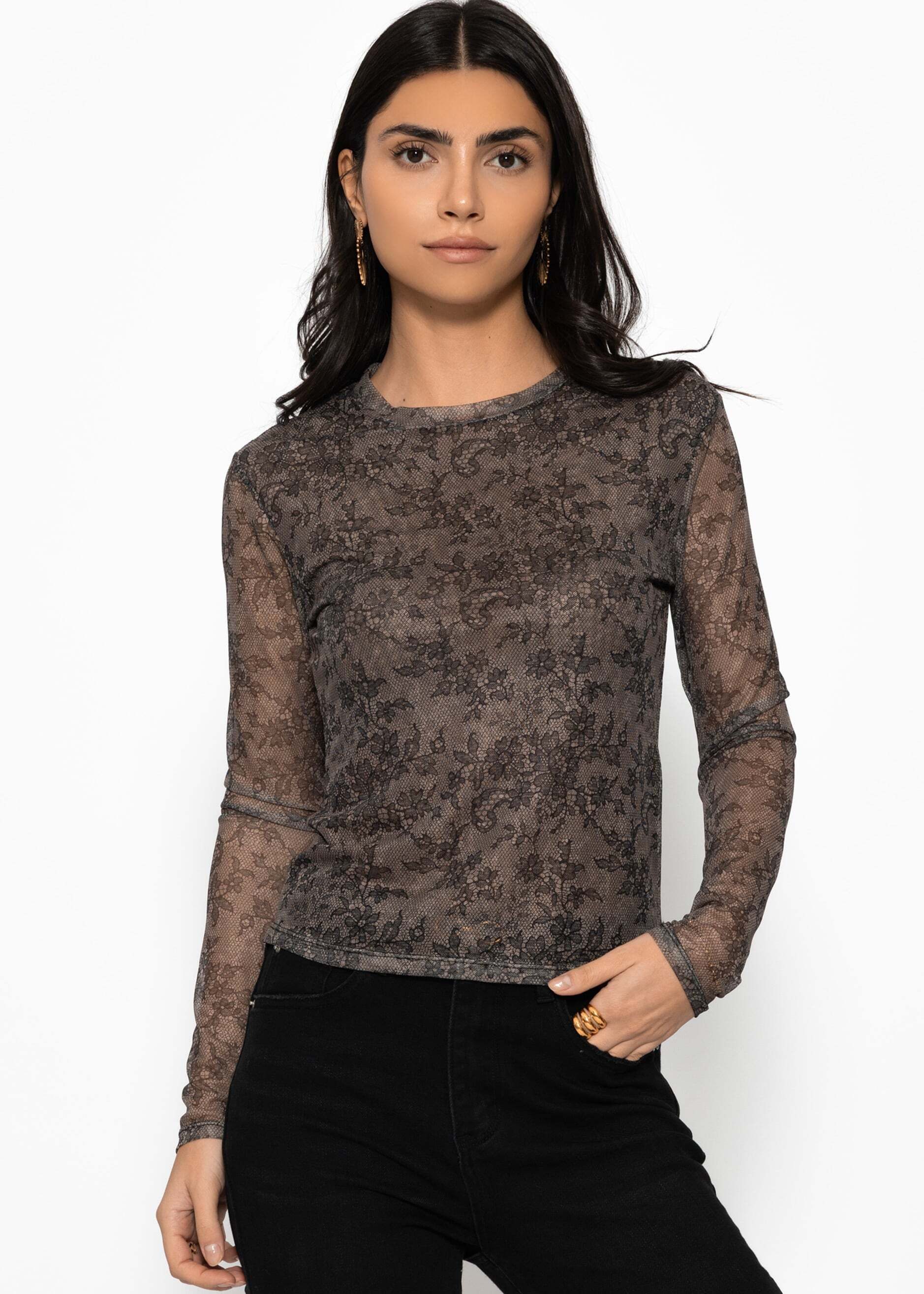 SASSYCLASSY Langarmshirt Mesh Langarm Spitzenshirt für Damen Figurbetontes Shirt aus semitransparenter Spitze mit floralem Muster