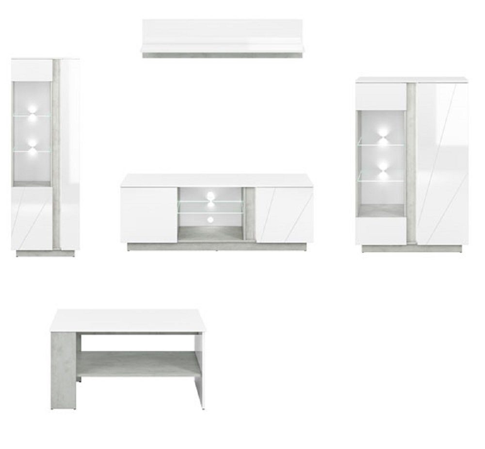 Feldmann-Wohnen Wohnzimmer-Set LED-Beleuchtung + (Set, + Wandregal 1 Lowboard inkl. 2 + LUMENS, Couchtisch), Vitrinen 1 1