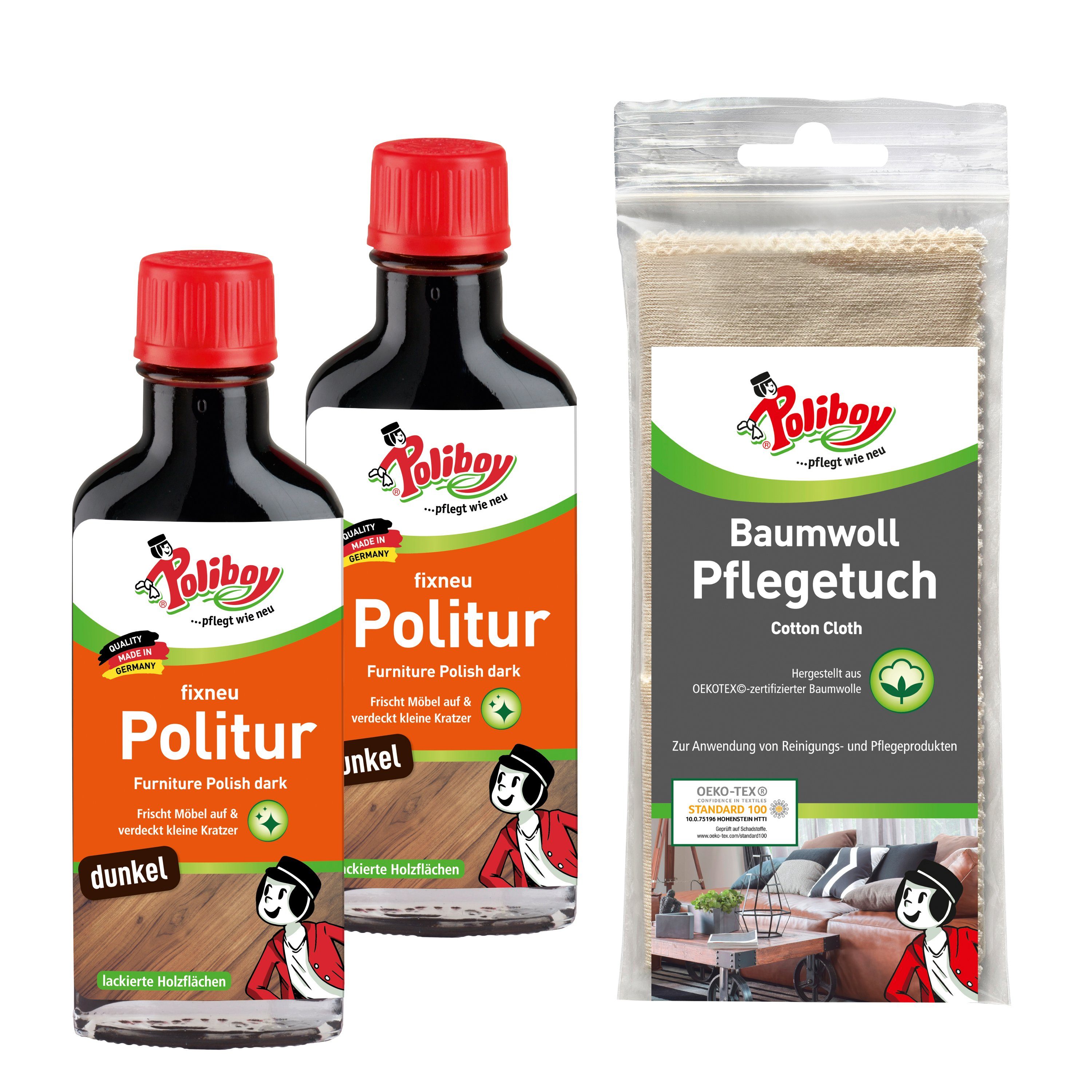 poliboy Fixneu Möbelpolitur dunkel - 2x100ml - inklusive Baumwolltuch Möbelreiniger (für dunkle Oberflächen - Made in Germany)