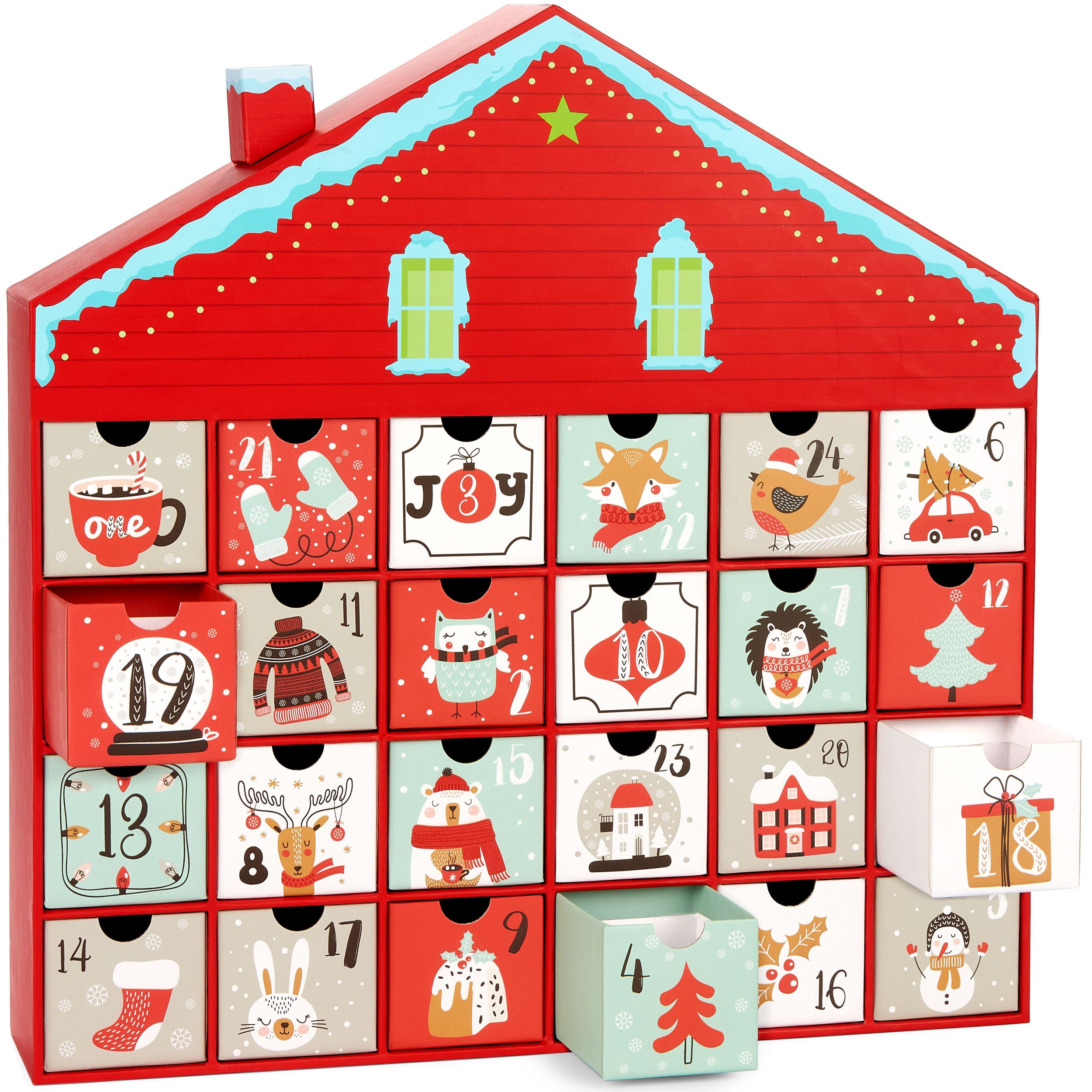 BRUBAKER befüllbarer Adventskalender Weihnachtshaus - Weihnachtskalender zum Befüllen (40,5 cm groß aus Pappe - Rot, 1-tlg), DIY Kalender mit 24 Türchen für Gutscheine und Süßigkeiten