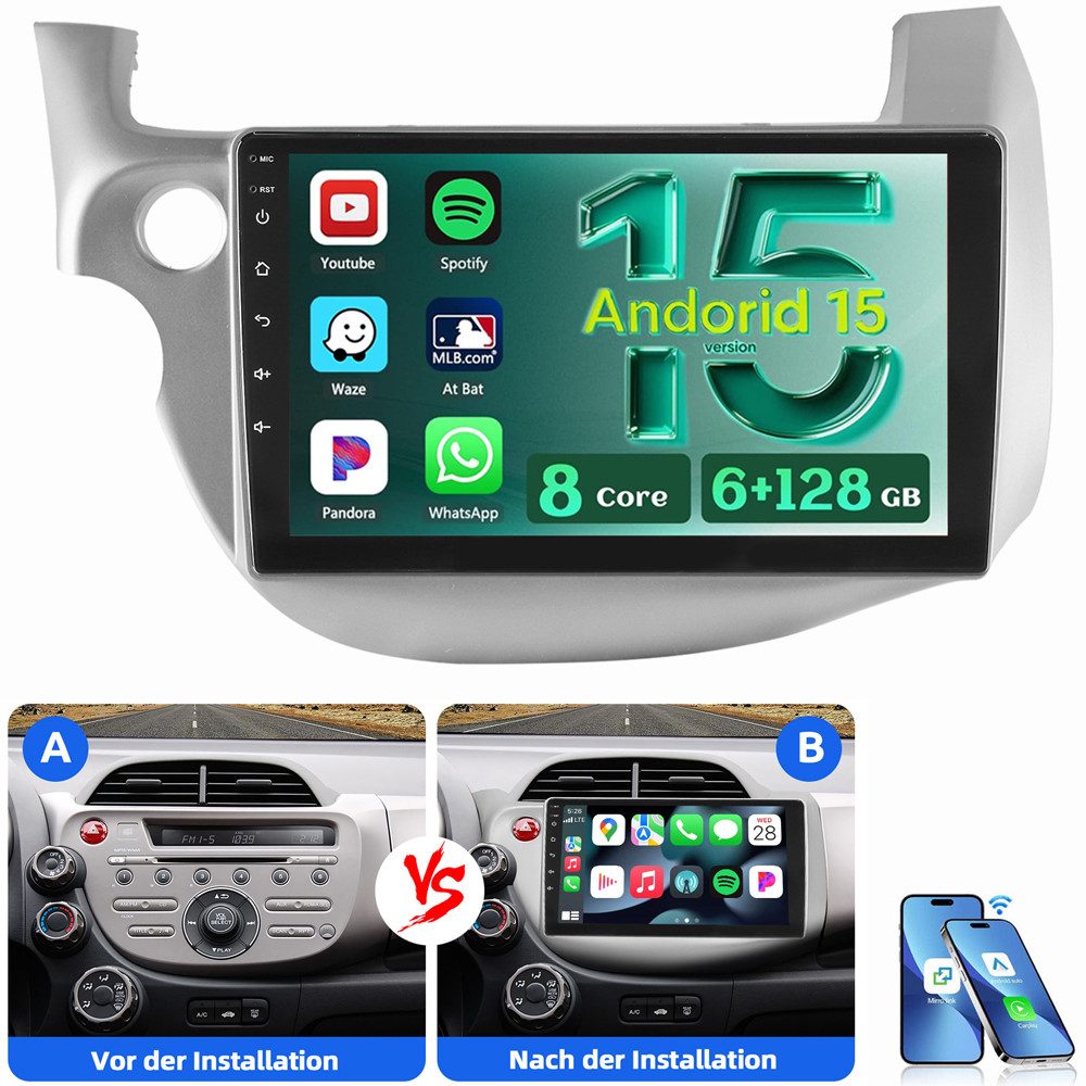 ESSGOO Für Honda Fit Jazz III 2008-2013 6+128G Android 15 4G LTE Autoradio (Digitalradio (DAB), RDS, FM, AM, Apple Carplay Android Auto Navi WIFI Mirror Link SWC RDS)