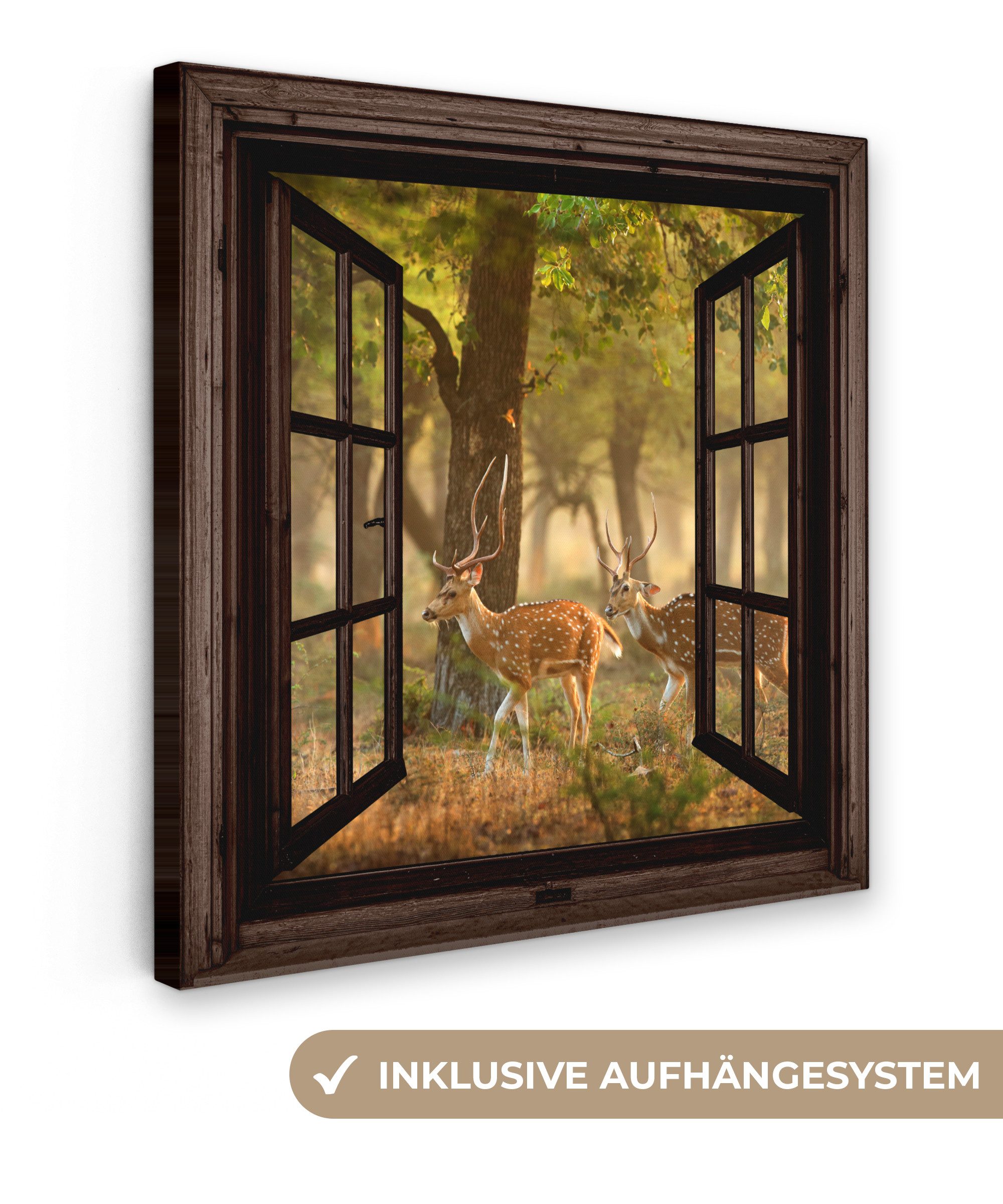 Leinwandbild Hirsche - Wald - Herbst - Herbstblätter - Natur - Fensterblick