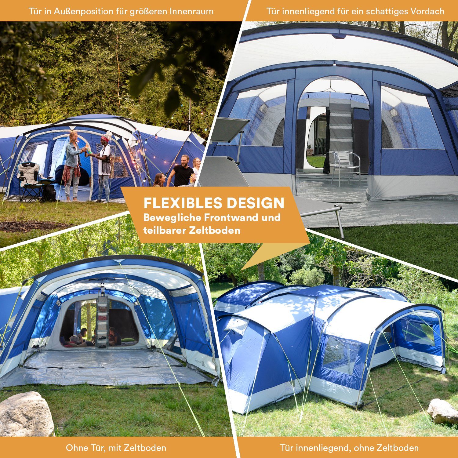 Skandika Kuppelzelt Nimbus 12 Gruppenzelt, Campingzelt mit 3 Schlafkabinen, Personen: 12, wasserdicht, 5000mm Wassersäule, 2,15m Stehhöhe, versetzbare Frontwand