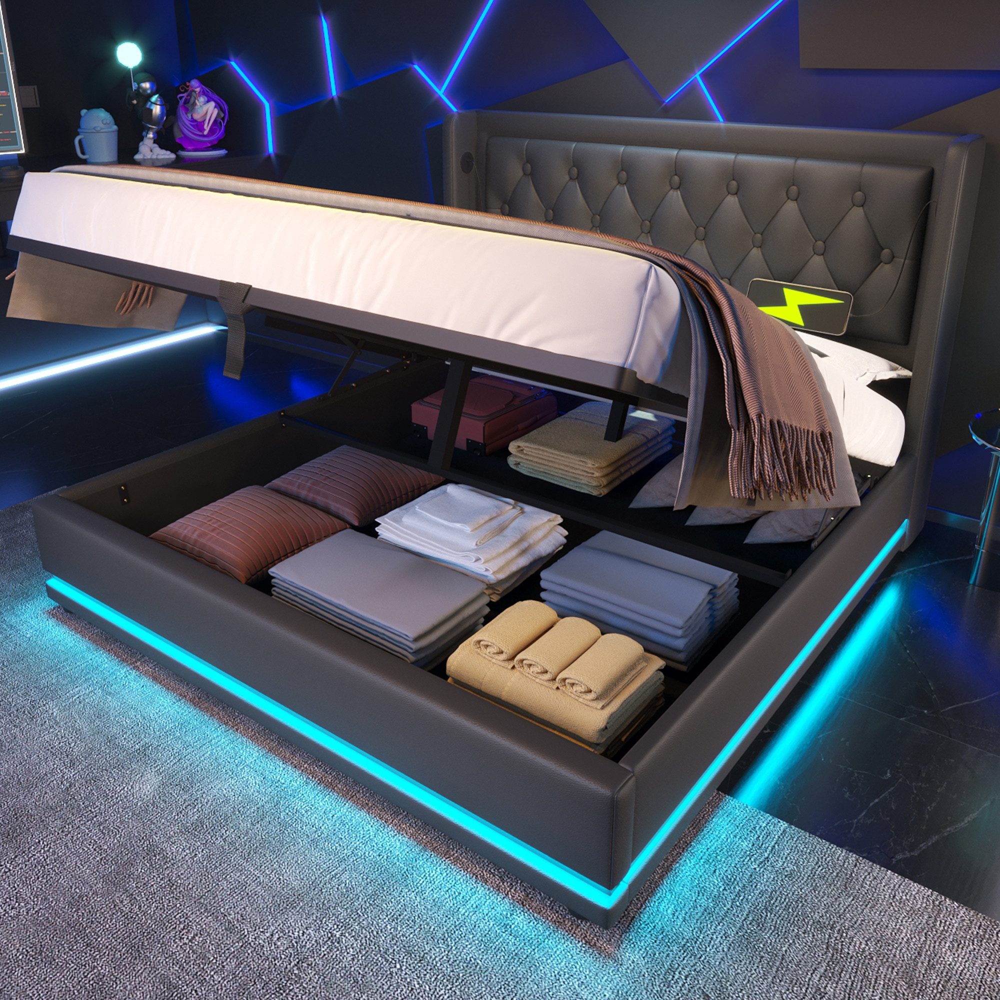 Flieks Polsterbett, LED Hydraulisches Stauraumbett Doppelbett 160x200cm mit günstig online kaufen