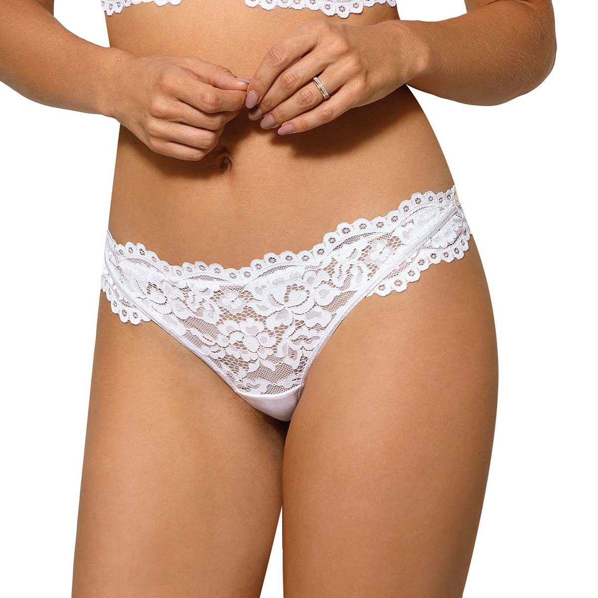 Róza Lingerie String String Newia weiß + Spitze + Schmuck Blumenmuster Slip (einzel, 1-St)