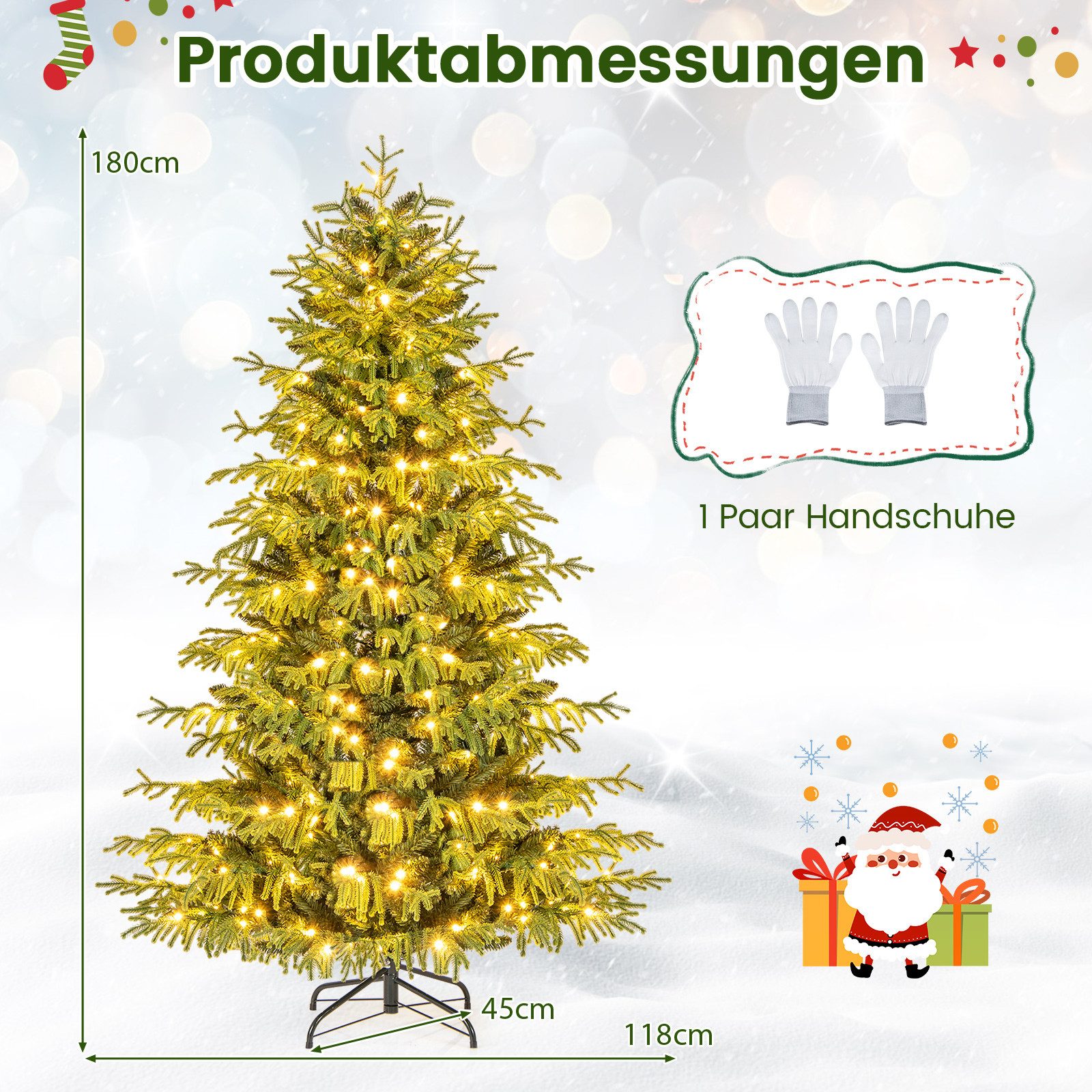 COSTWAY Künstlicher Weihnachtsbaum, 180cm, 270 warmweiße LEDs, 746 Spitzen