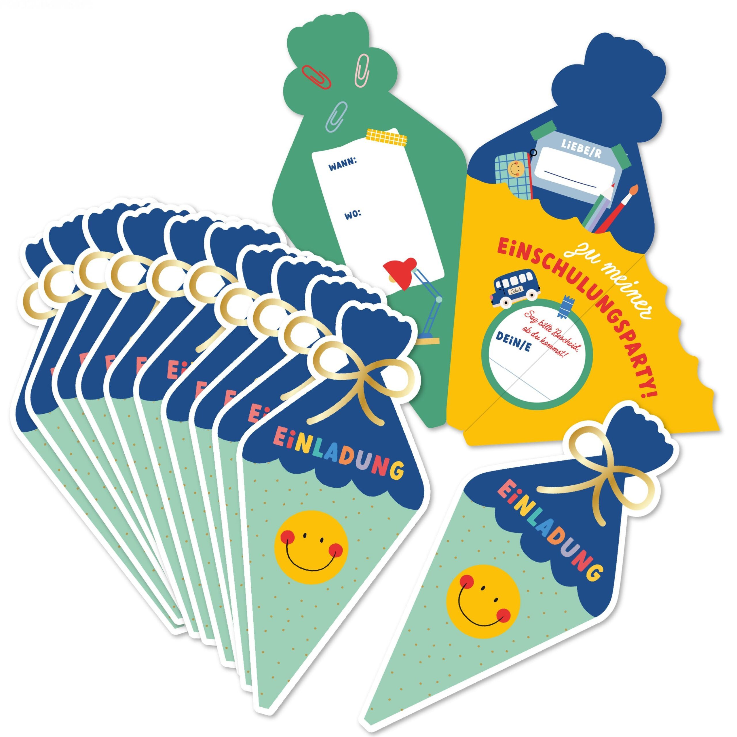 PAPIERDRACHEN Einladungskarten Einladungen zur Einschulung - Schultüte mint-blau, Made in Germany