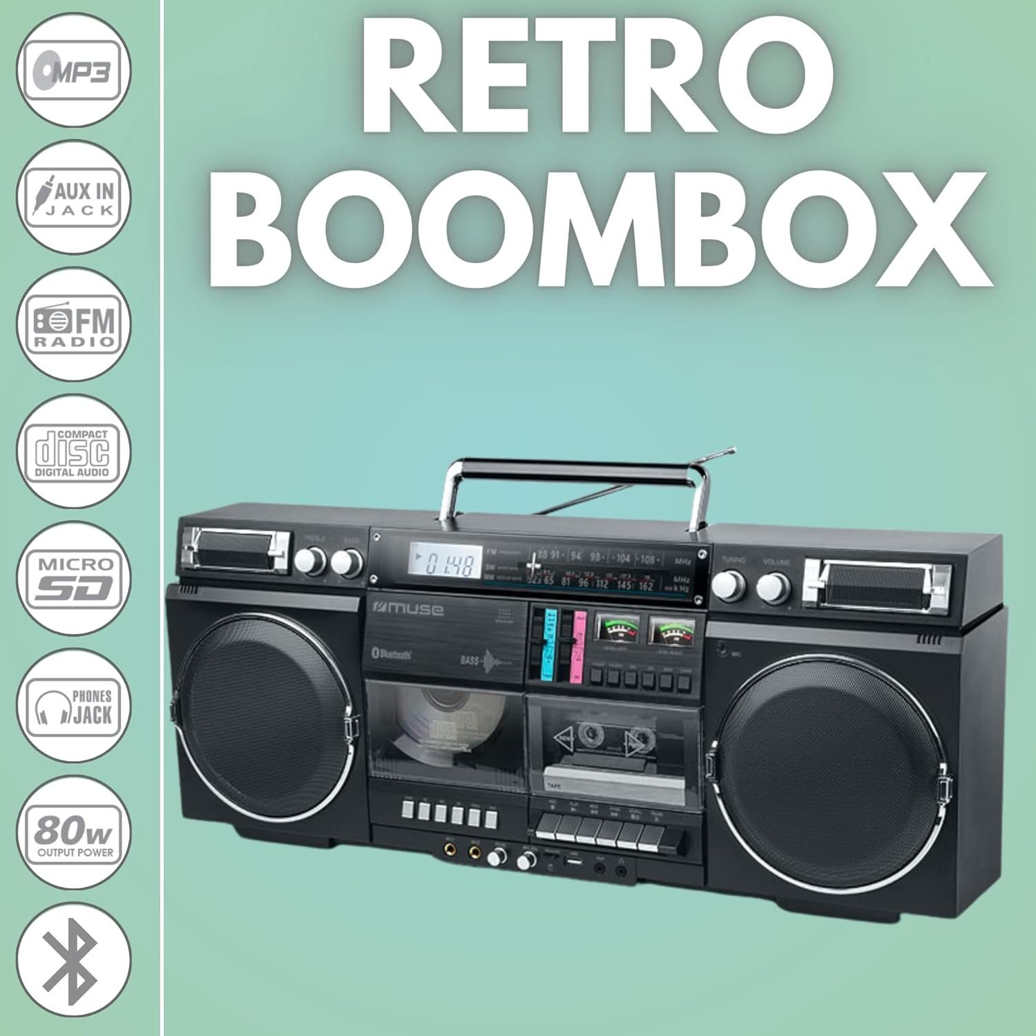 Muse Bluetooth Retro mit Radio, CD, Kassettenrekorder Boombox (CD / CD-R / CD-RW / MP3)