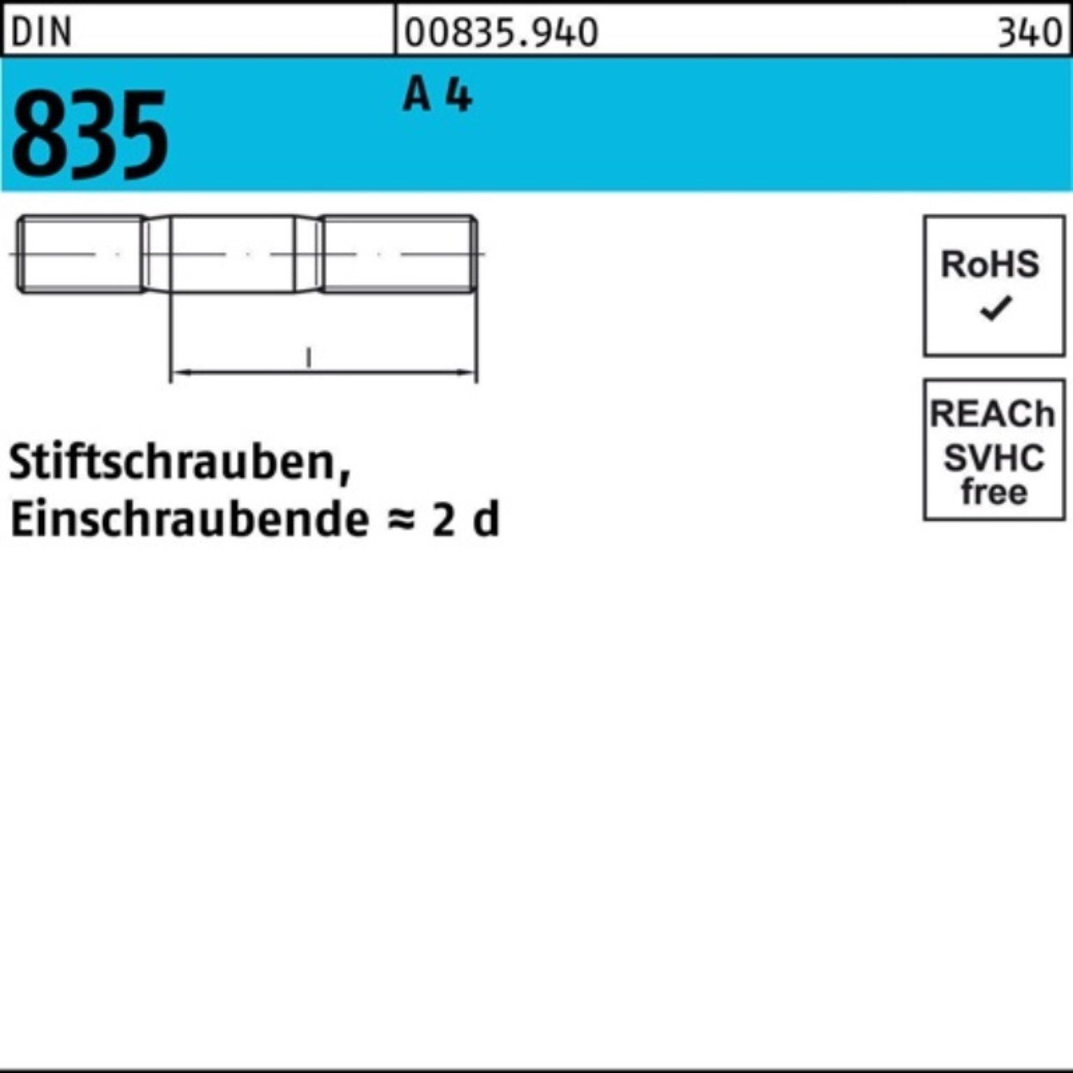 100er Reyher Stüc Stiftschraube A M8x Einschraubende=2d DIN 4 835 10 Stiftschraube Pack 40