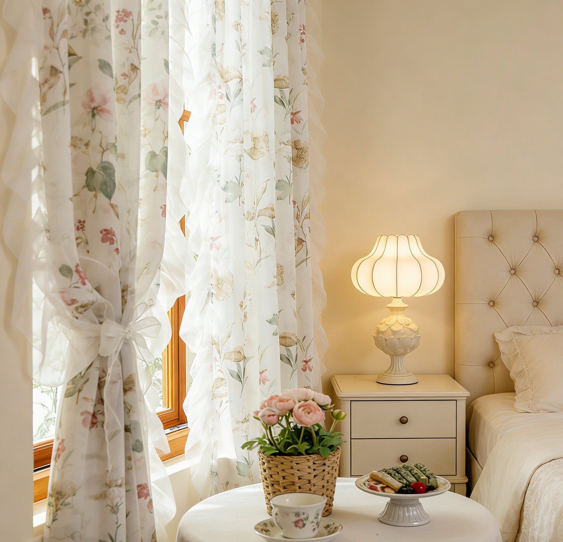Diwzbyn Vorhang Kamelien-Blumenmuster-Vorhänge, Transparente Gardine mit Rüschenvolant, Boho-Vorhänge für Wohnzimmer und Schlafzimmer – Bild 4 von 5