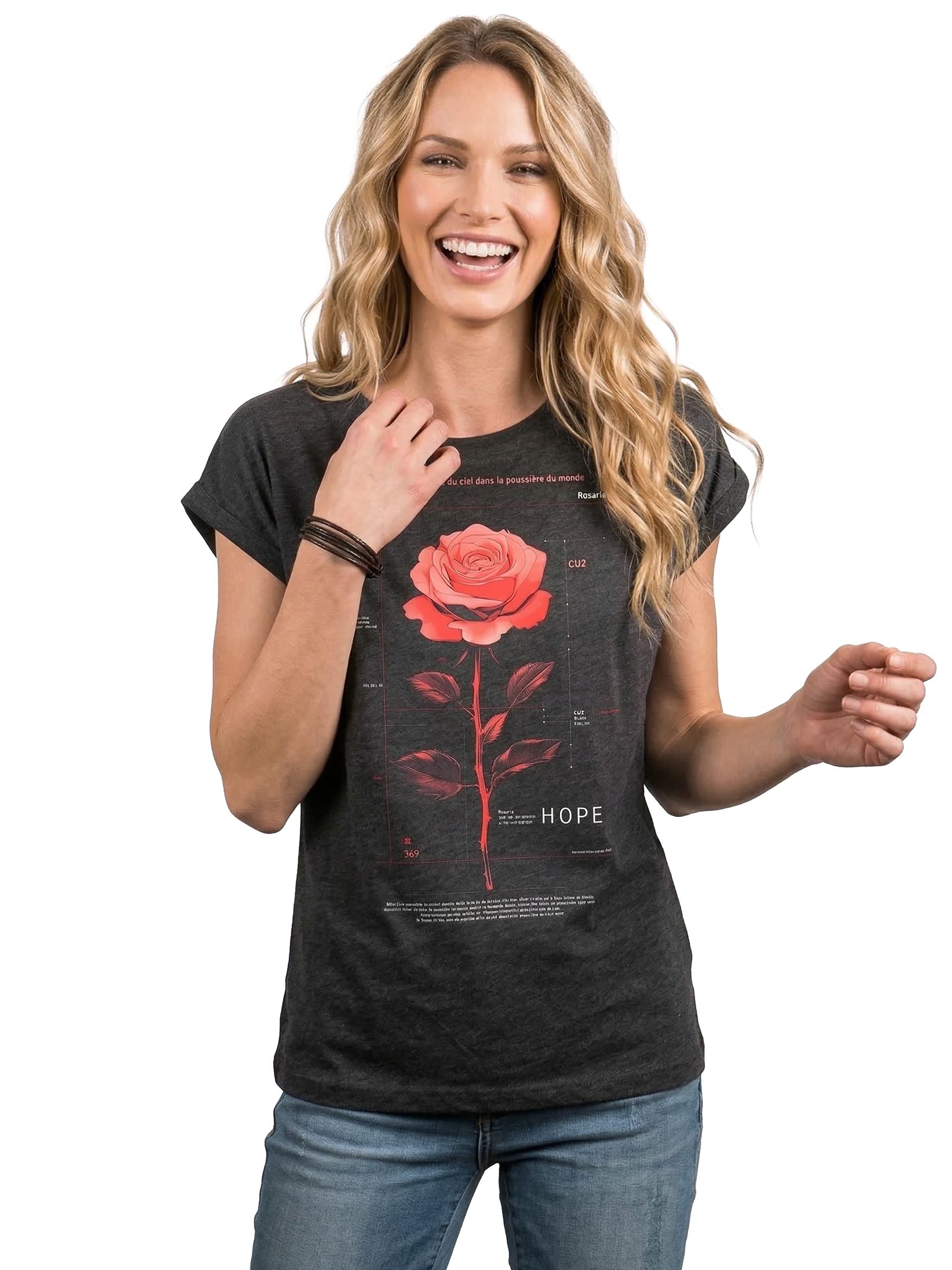 MAKAYA T-Shirt Damen-Top mit Rosendesign – femininer Print in Rosa (Schwarz, Blau, Dunkelgrau, 34, 36, 38, 40, 42, 44, 46, 48, 50) Baumwolle