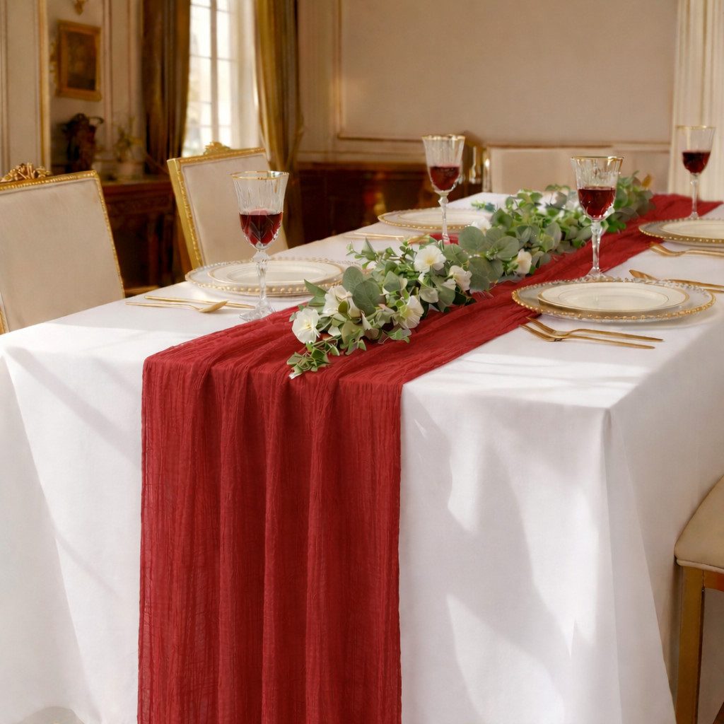 DecoHomeTextil Heimtextilmanufaktur Tischläufer Musselin Tischläufer 80 x 300 cm Weicher Gaze Stoff mit Faltenoptik (2-tlg)