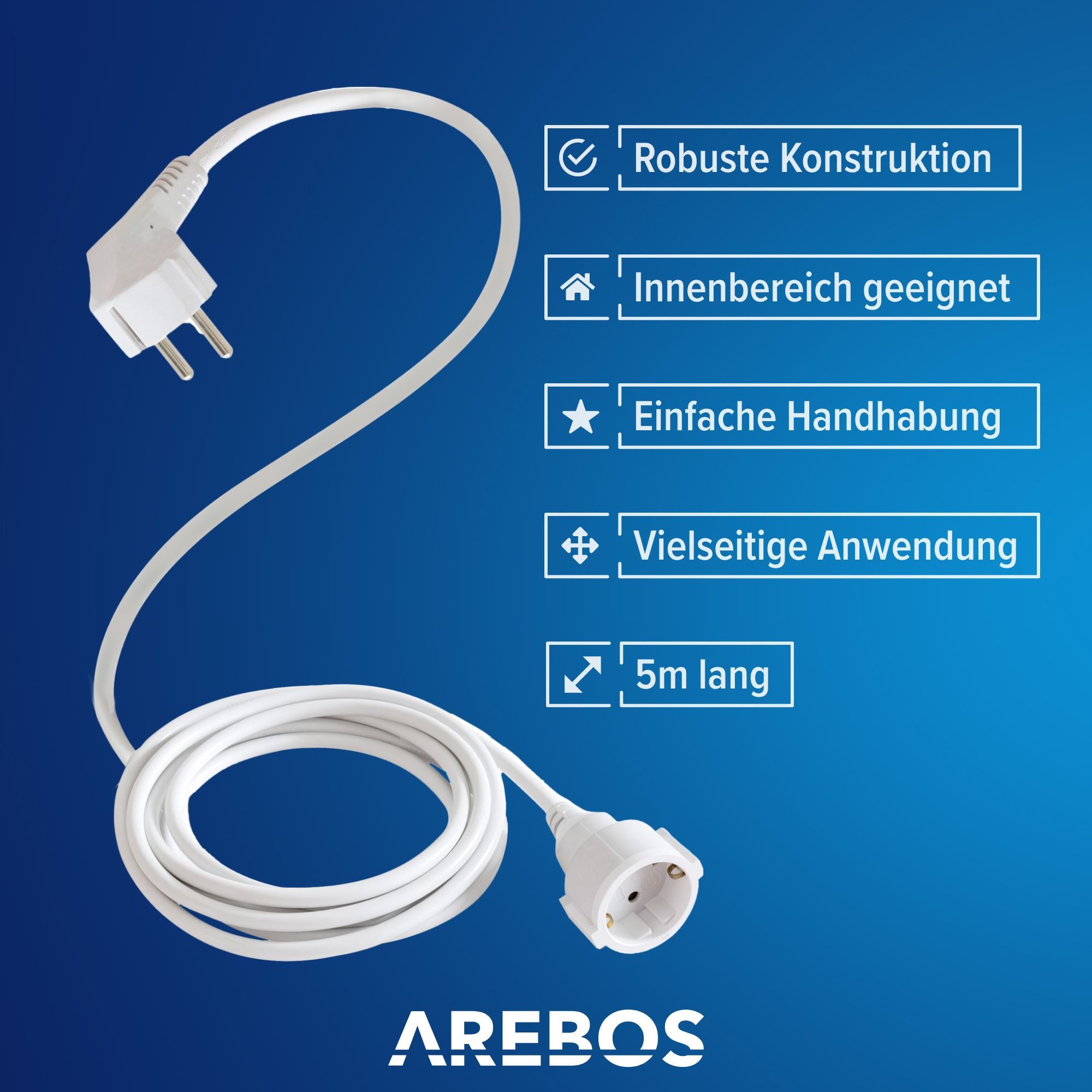 Arebos, IP20 Innenbereich, Kunststoffleitung, 5 m Verlängerungskabel, Typ F (Schuko), (5 cm), Aderzahl: 3 - Spannung: 230V - Nennstromaufnahme: 16 A