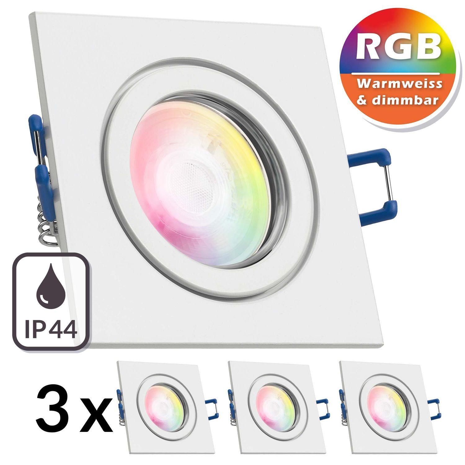 LEDANDO LED Einbaustrahler 3er IP44 RGB LED Einbaustrahler Set extra flach in weiß mit 3W LED von