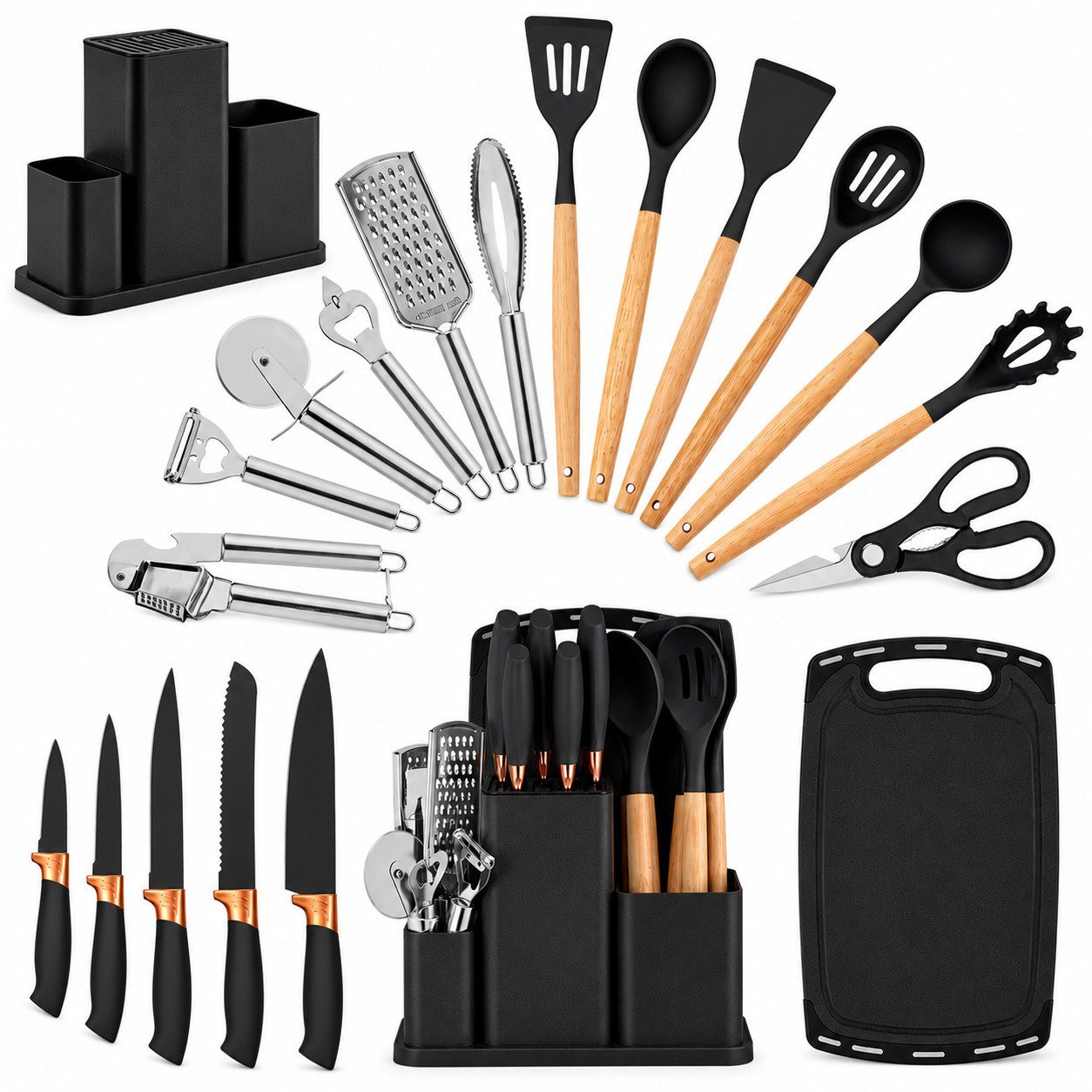 Diyarts Kochbesteck-Set (für beschichtete Pfannen, inklusive Kochmesser, Komplettset mit 20 Küchenhelfern für vielseitiges Kochen), Schonende Silikon-Küchenhelfer mit Holzgriffen & Messer im Set
