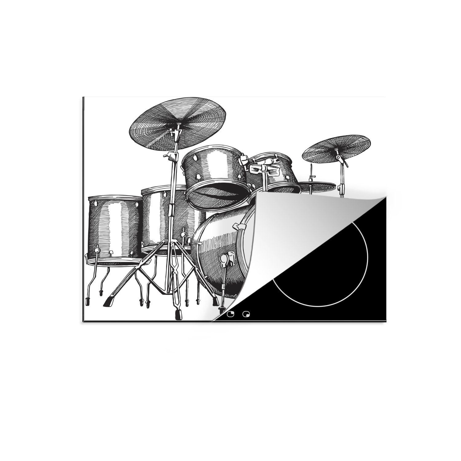eines Arbeitsfläche Mobile Ceranfeldabdeckung MuchoWow Herdblende-/Abdeckplatte einer Schlagzeugs Schwarz Skizze und Vinyl, Illustration in Weiß, cm, (1 60x52 tlg), nutzbar,