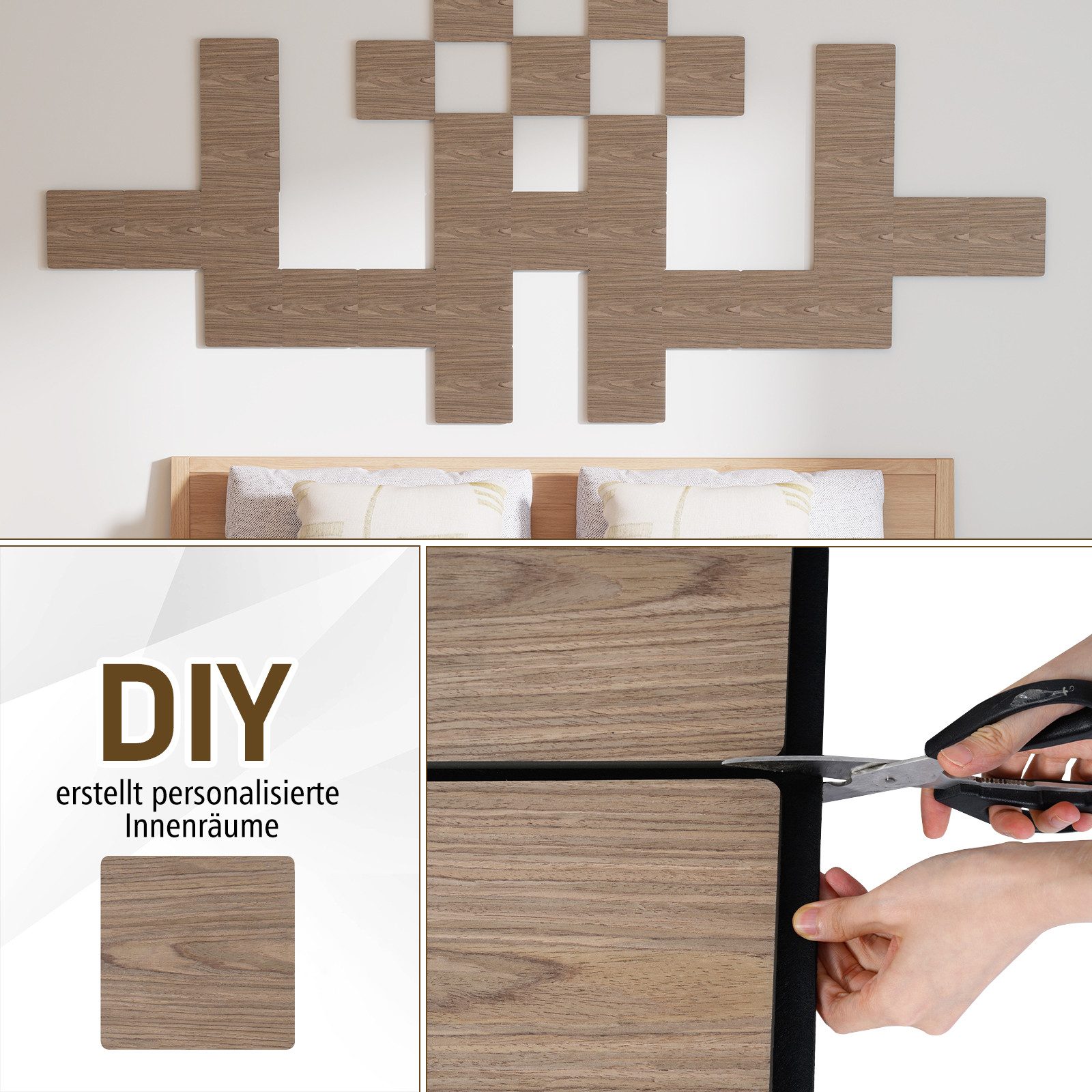 COSTWAY Akustikplatte, (4-St), Für Wände mit 9 quadratischen Holzplatten