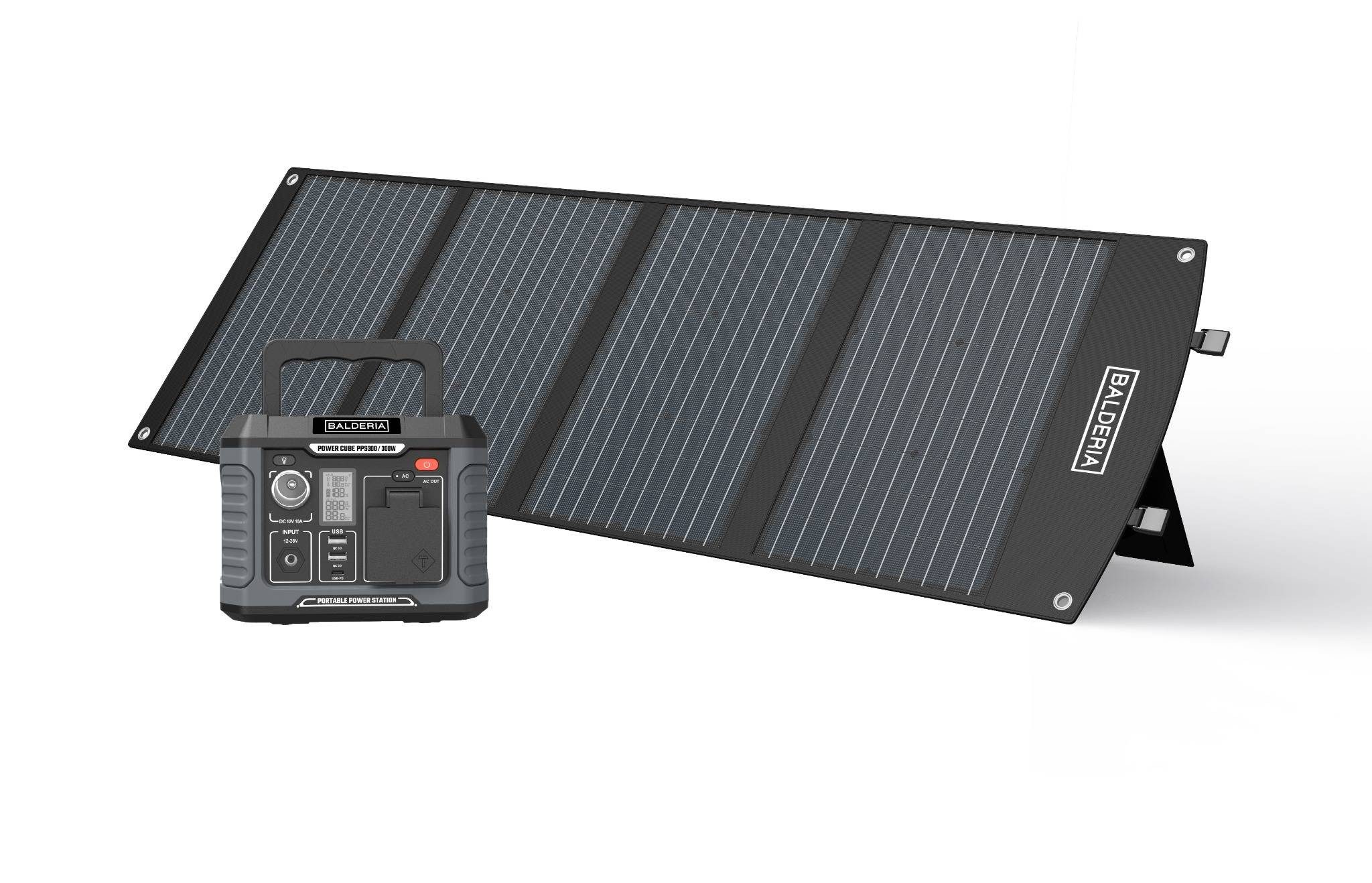 Balderia Powerstation-Set: Power Cube 300 W + Solarpanel 120 W Powerstation Power-Pack (2 St), Integrierte Taschenlampe und Tragegriff