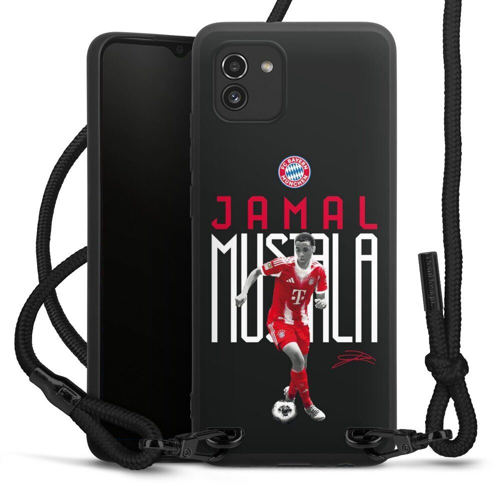 DeinDesign Handyhülle FC Bayern München Jamal Musiala Offizielles Lizenzprodukt, Samsung Galaxy A03 Premium Handykette Hülle mit Band Case zum Umhängen